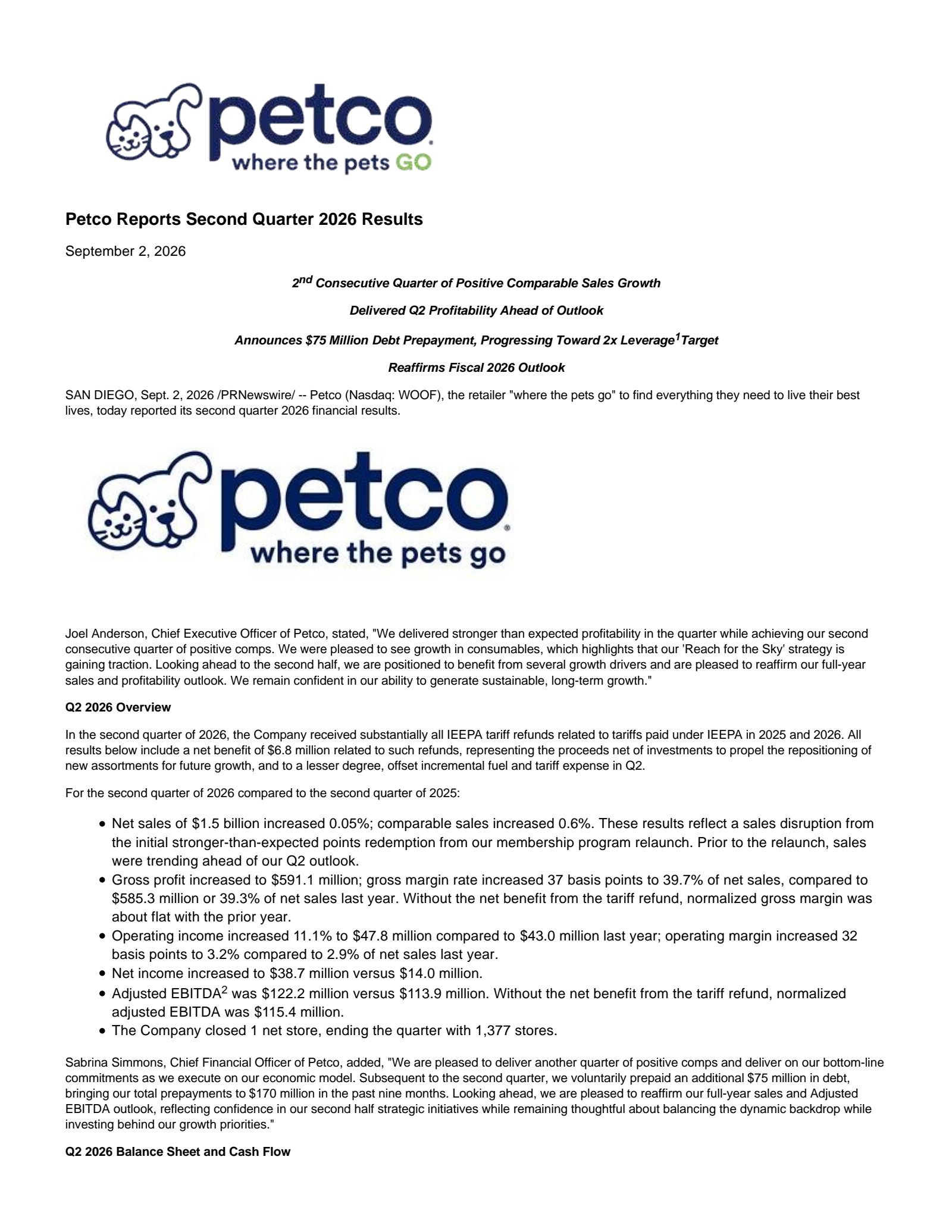 Petco Health and Wellness' Q2 2027 Press Release