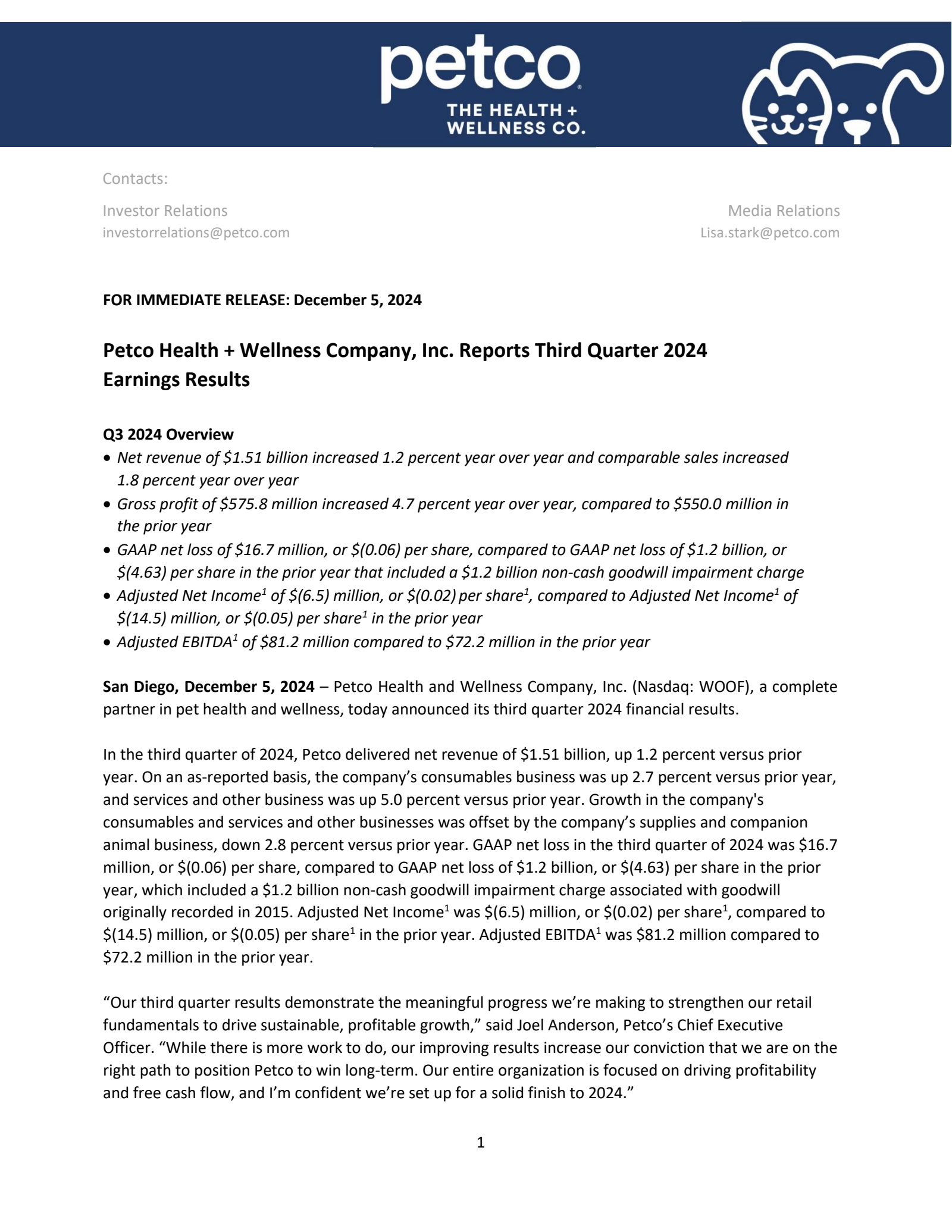 Petco Health and Wellness' Q3 2025 Press Release