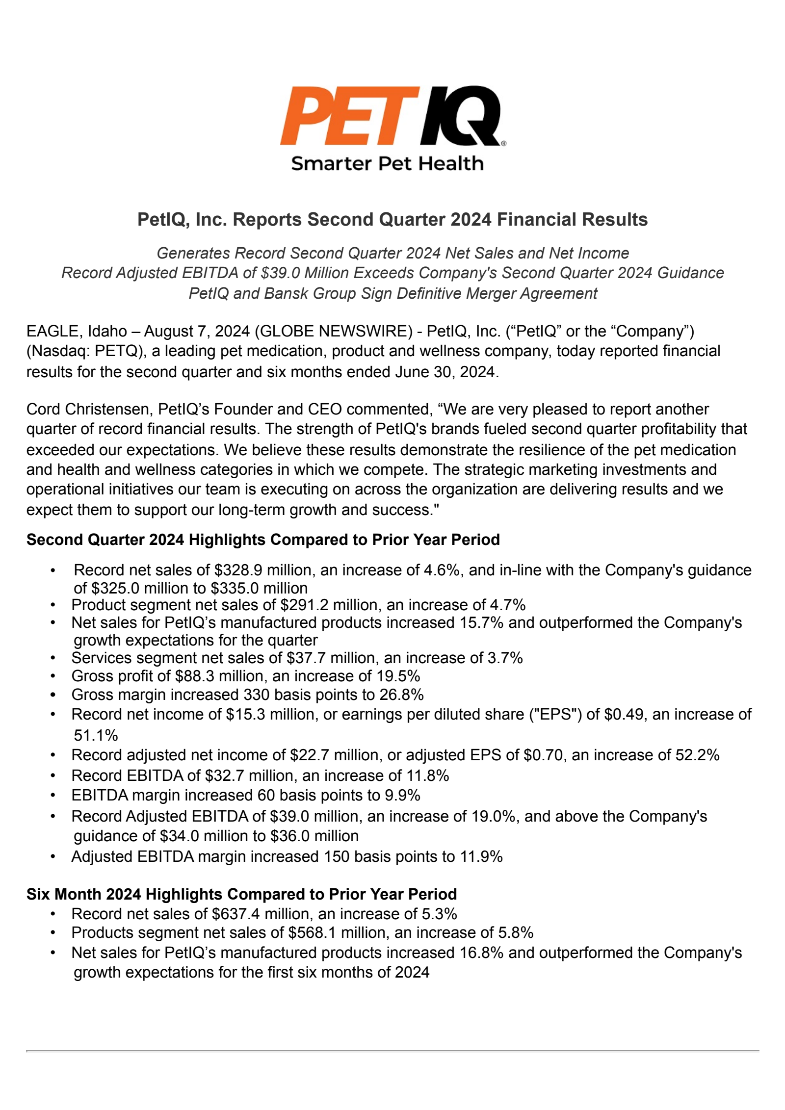 PetIQ's Q2 2024 Press Release