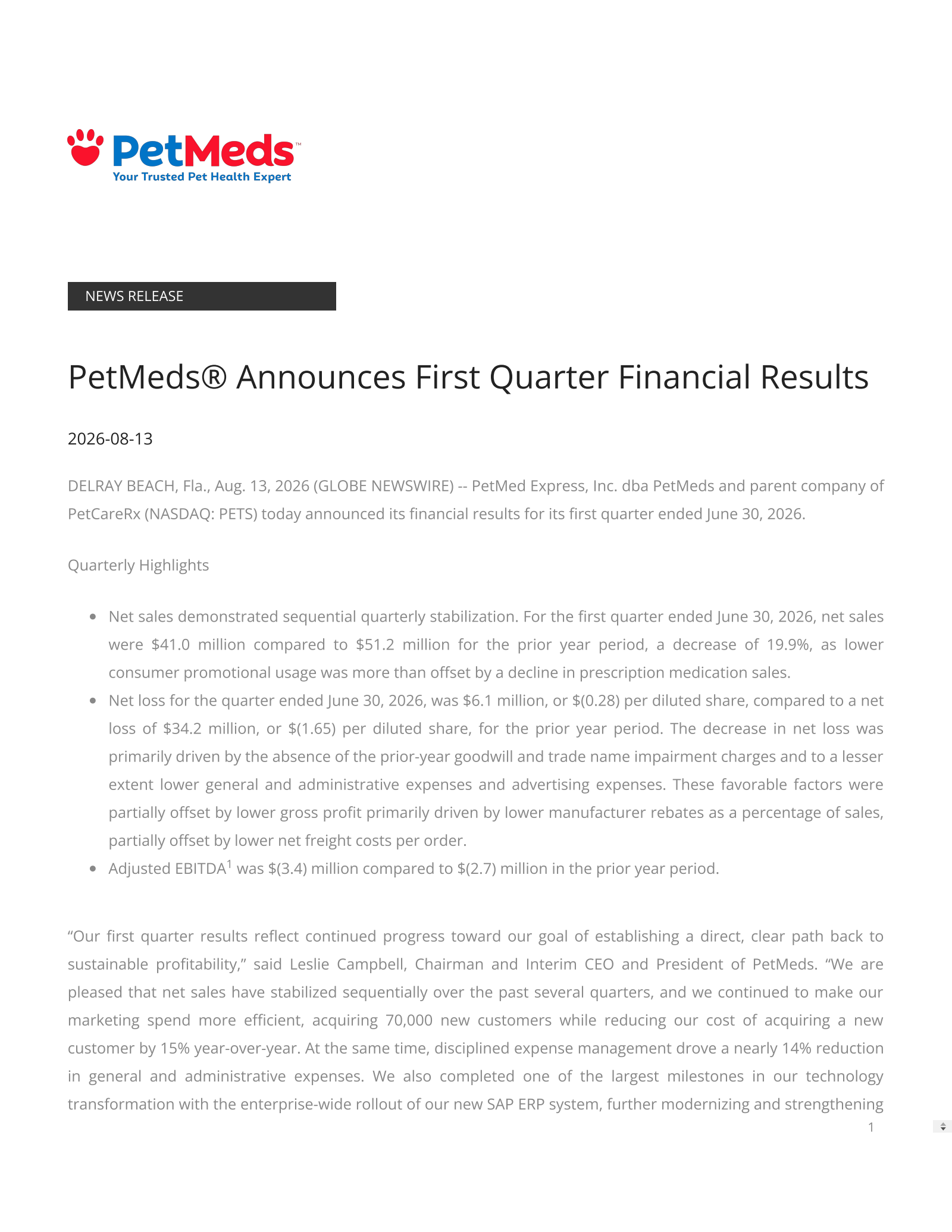 PetMed Express' Q1 2027 Press Release
