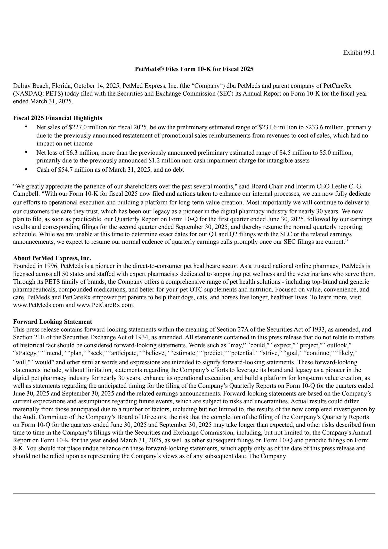 PetMed Express' Q4 2025 Earnings Release
