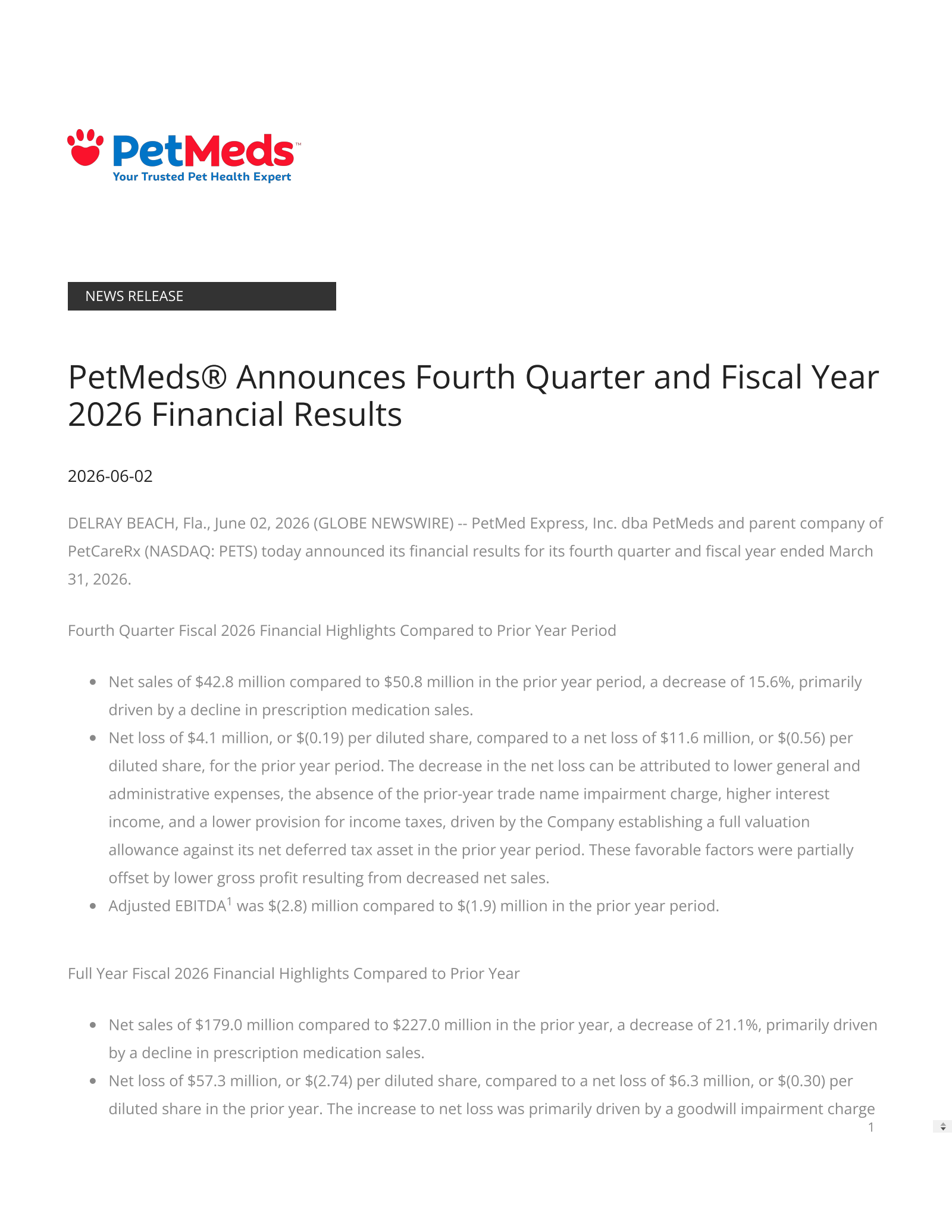 PetMed Express' Q4 2026 Press Release
