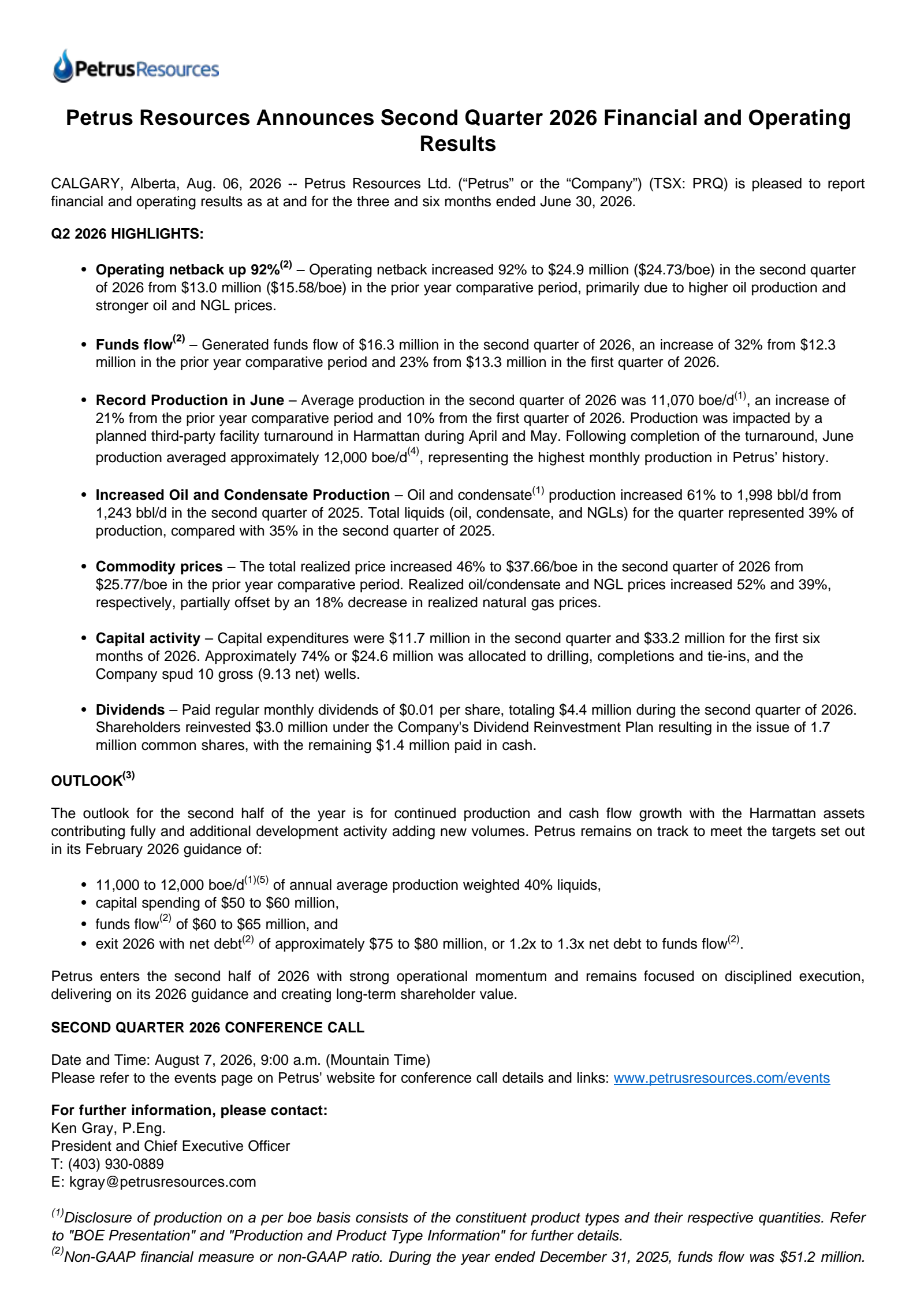 Petrus Resources' Q2 2026 Press Release