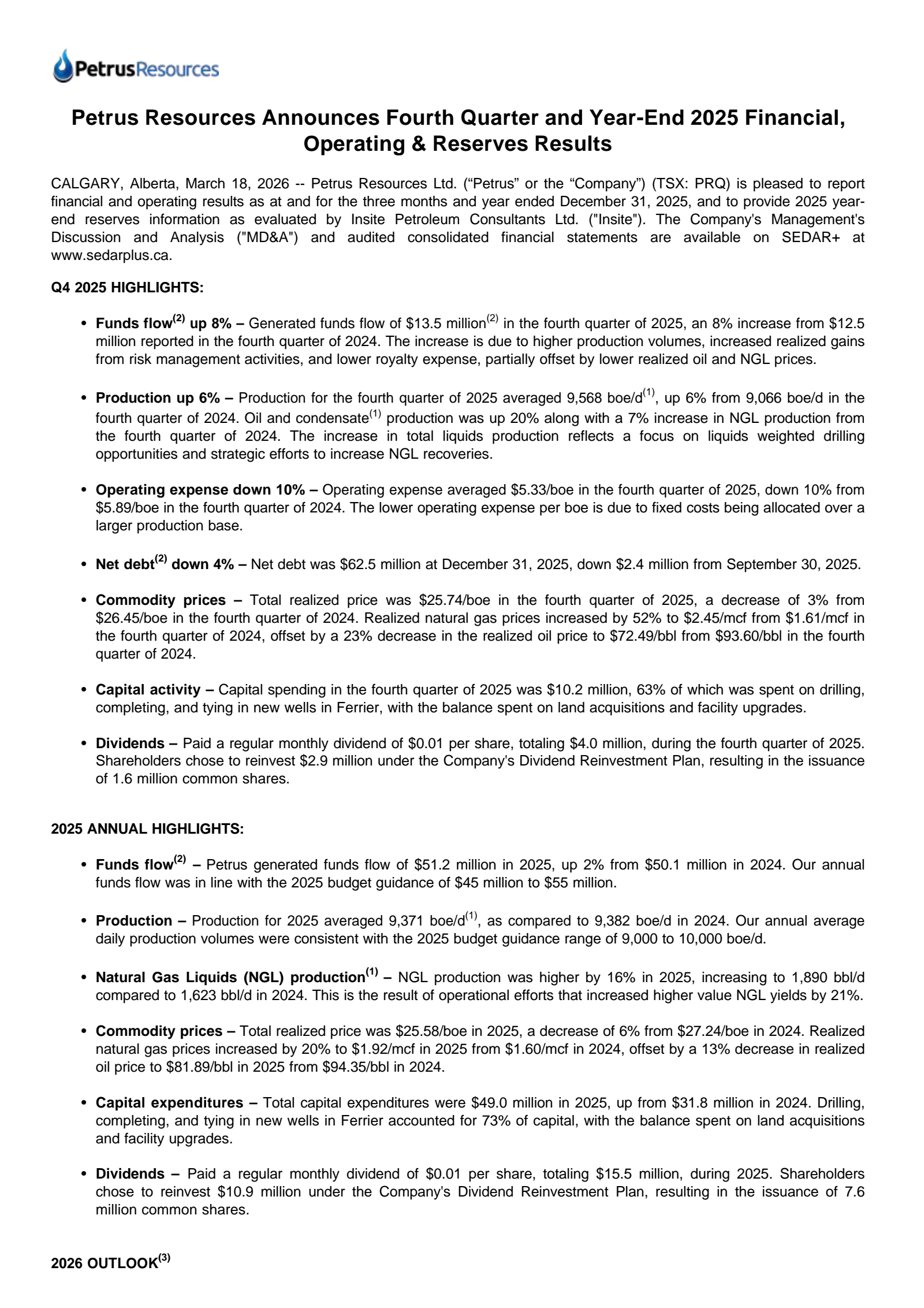Petrus Resources' Q4 2025 Press Release