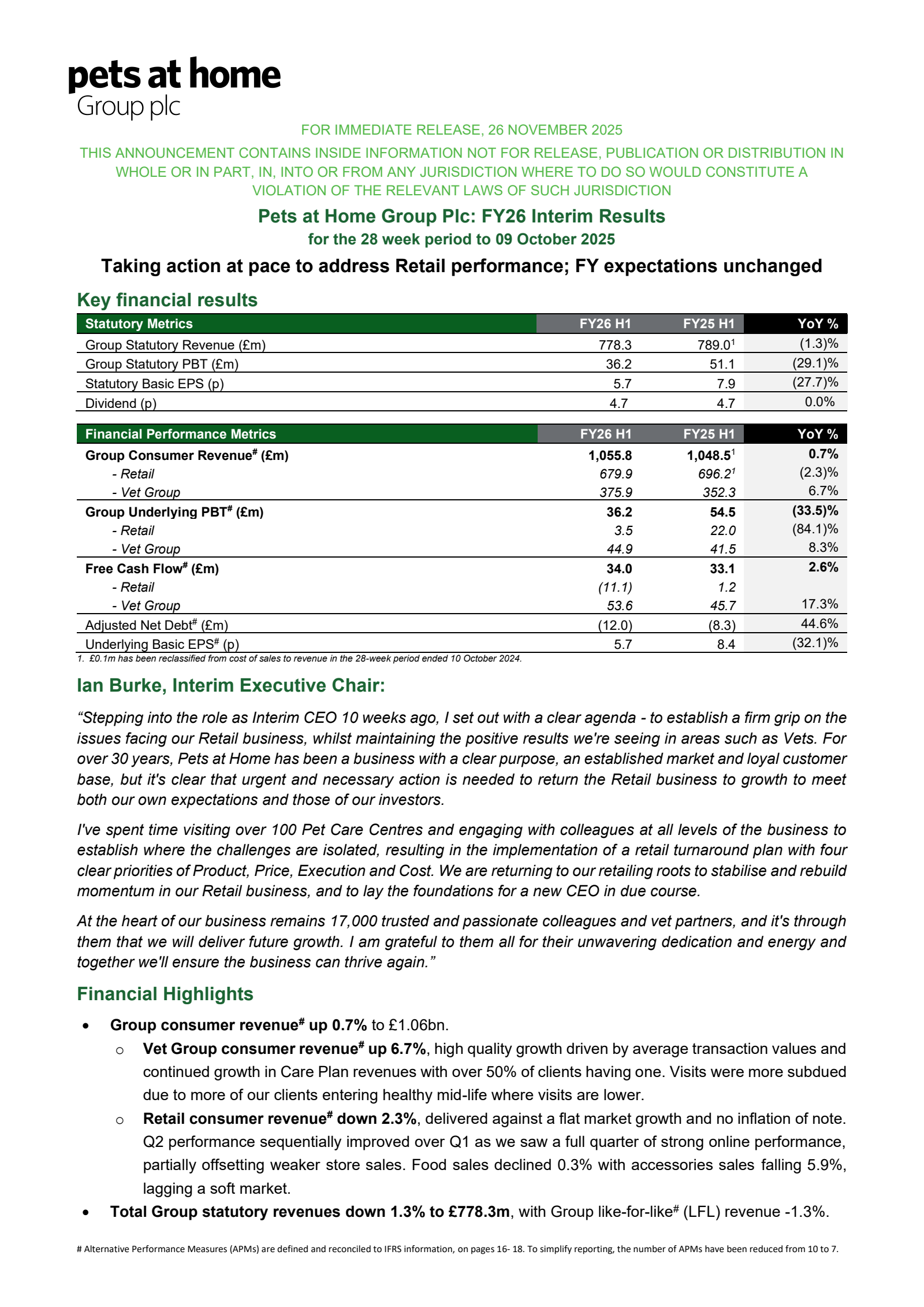Pets at Home Group's H1 2026 Interim Report