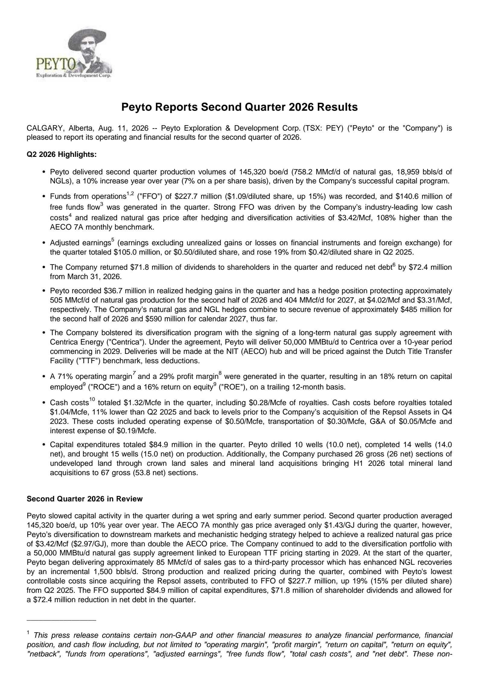 Peyto Exploration & Development's Q2 2026 Press Release