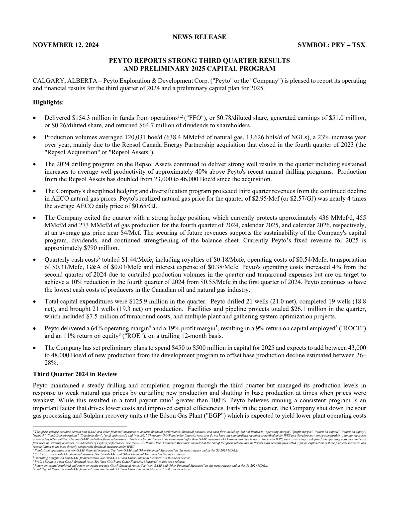 Peyto Exploration & Development's Q3 2024 Press Release