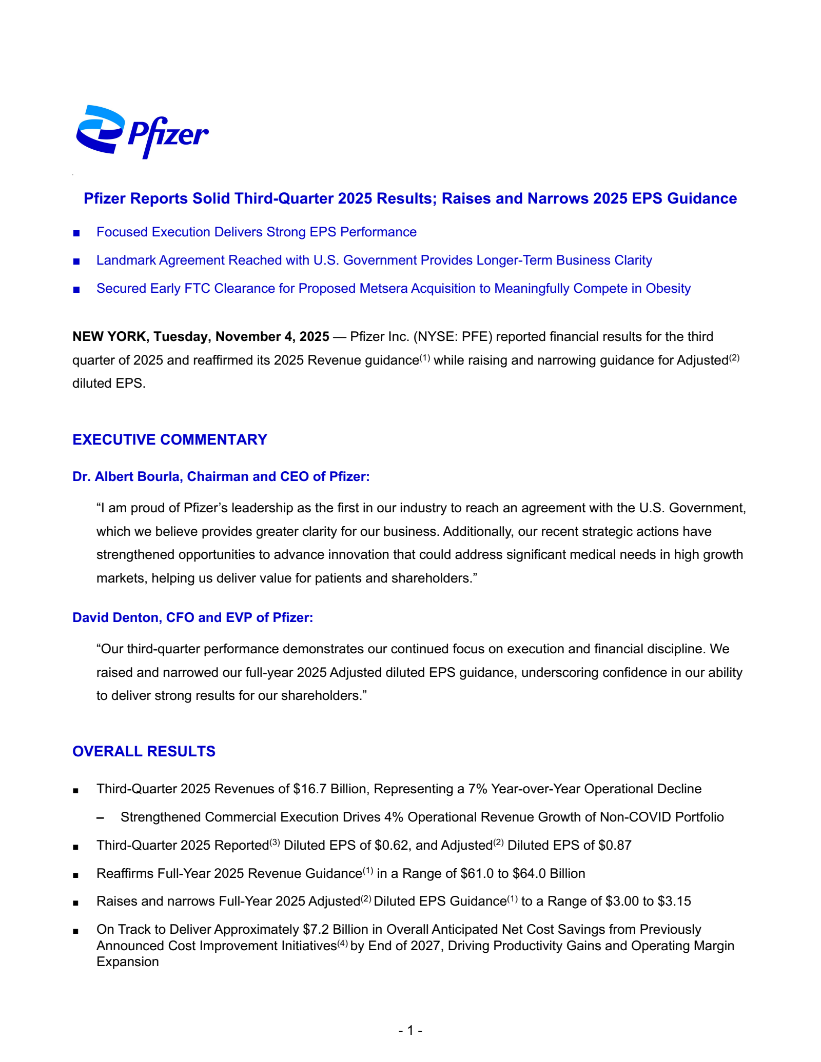 Pfizer's Q3 2025 Press Release