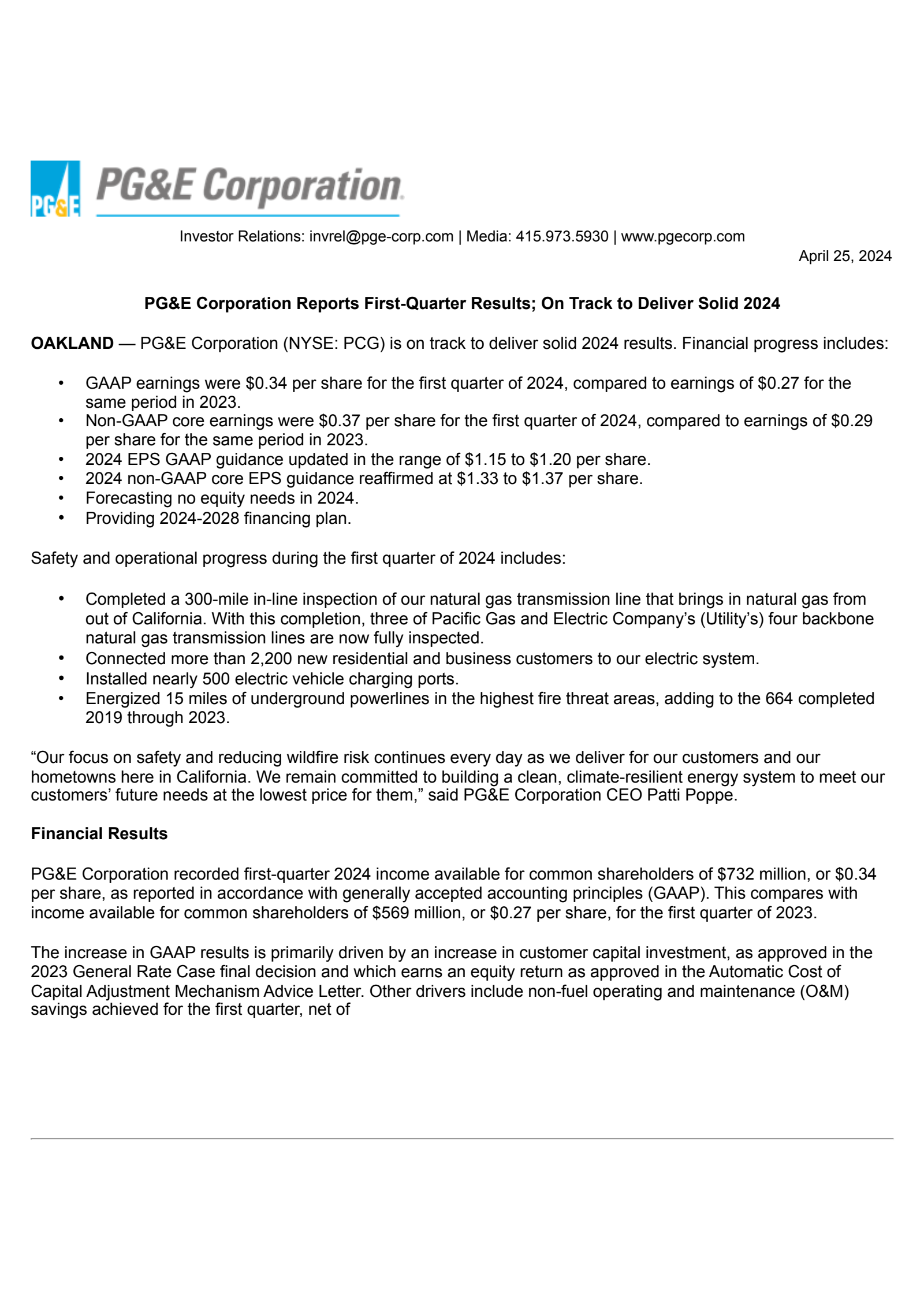 PG&E's Q1 2024 Press Release
