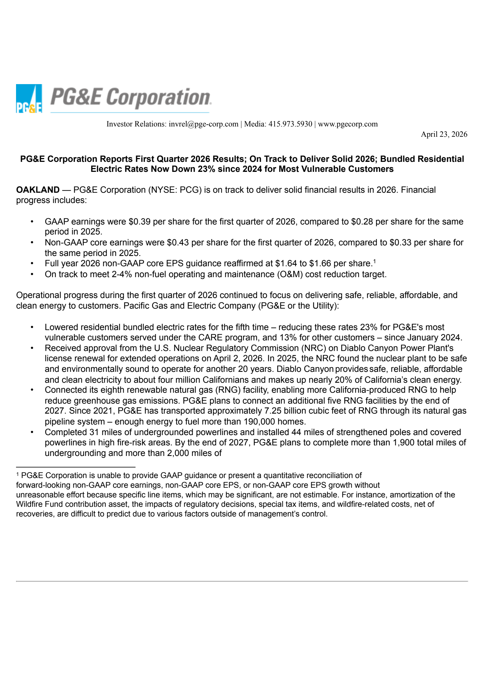 Pacific Gas & Electric's Q1 2026 Press Release