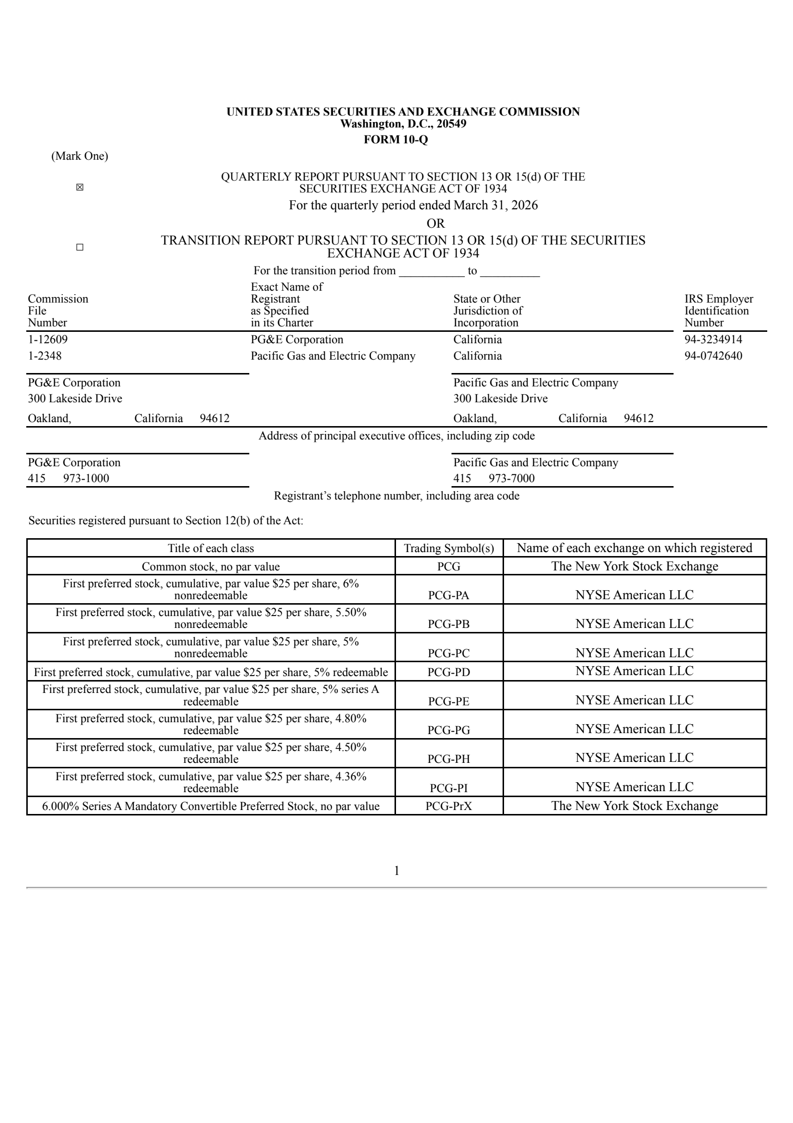 Pacific Gas & Electric's Q1 2026 Quarterly report