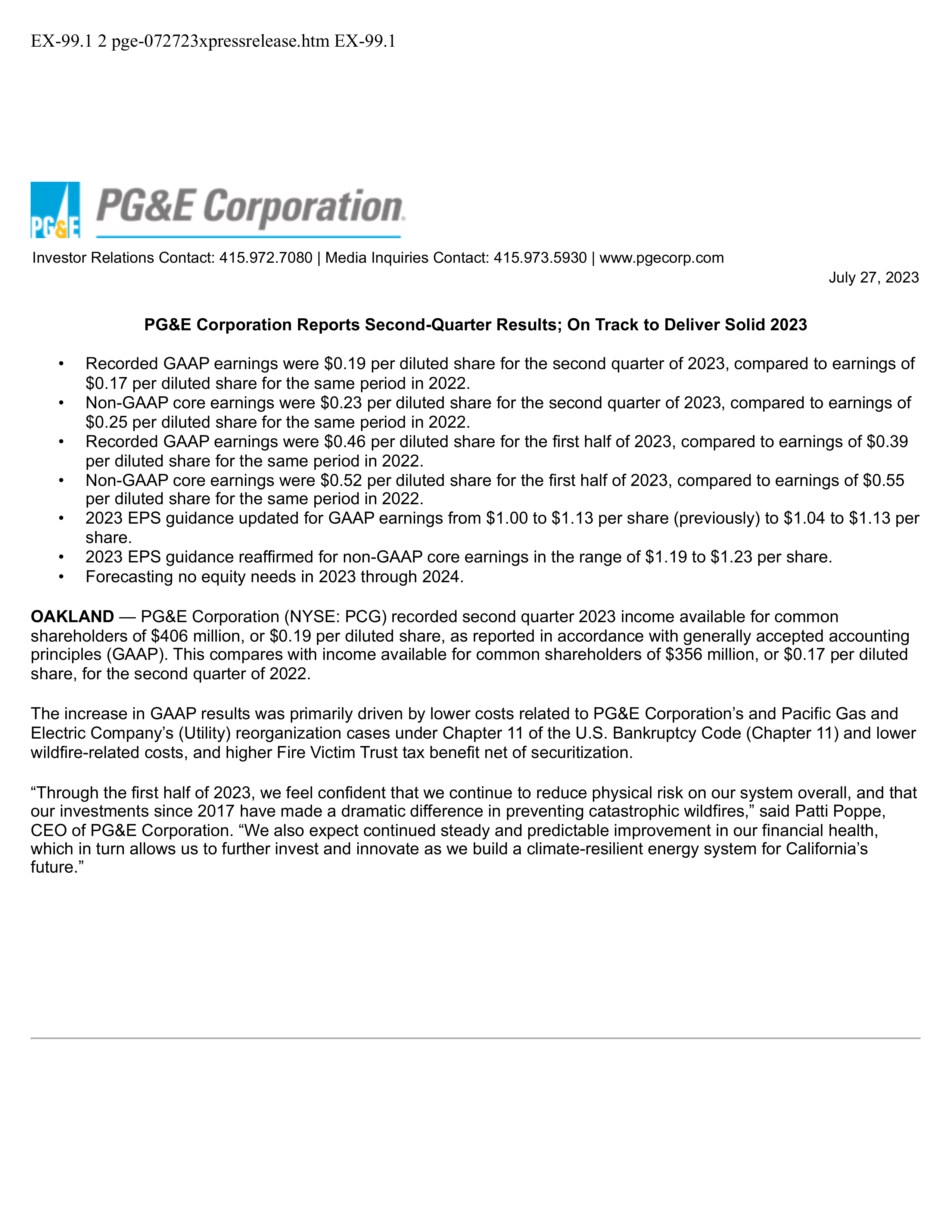 PG&E's Q2 2023 Press Release