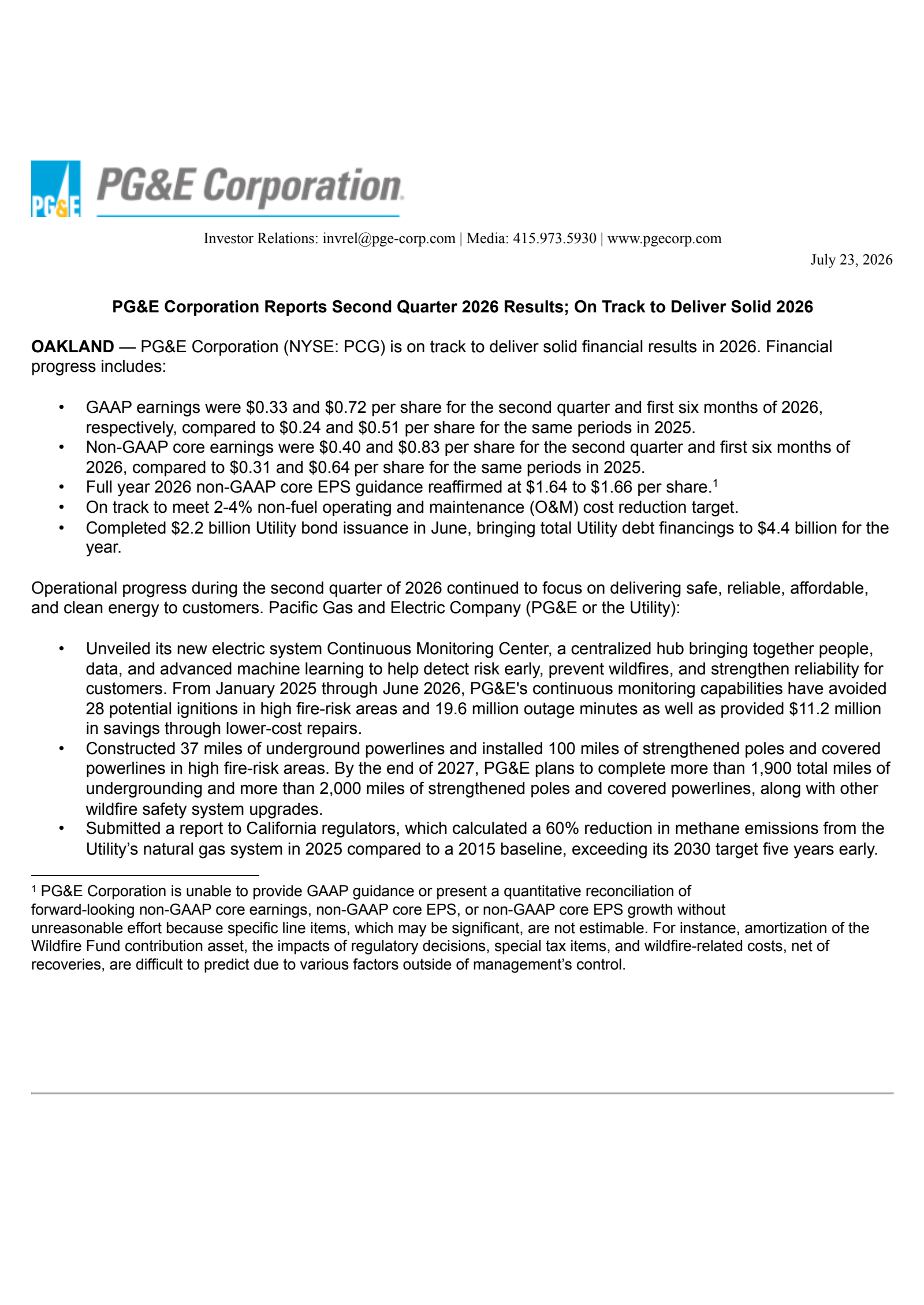 Pacific Gas & Electric's Q2 2026 Press Release
