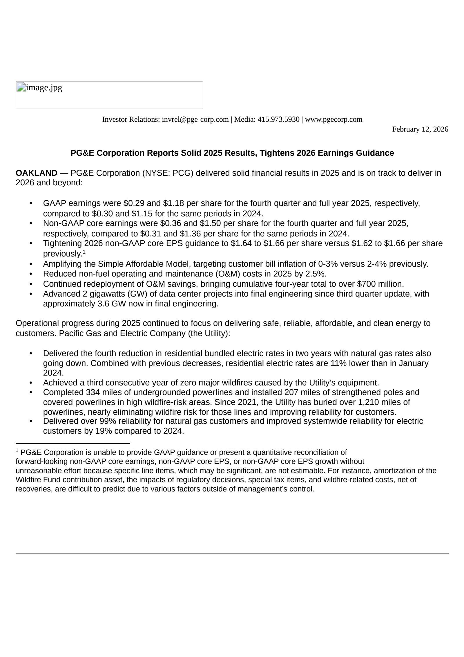Pacific Gas & Electric's Q4 2025 Press Release