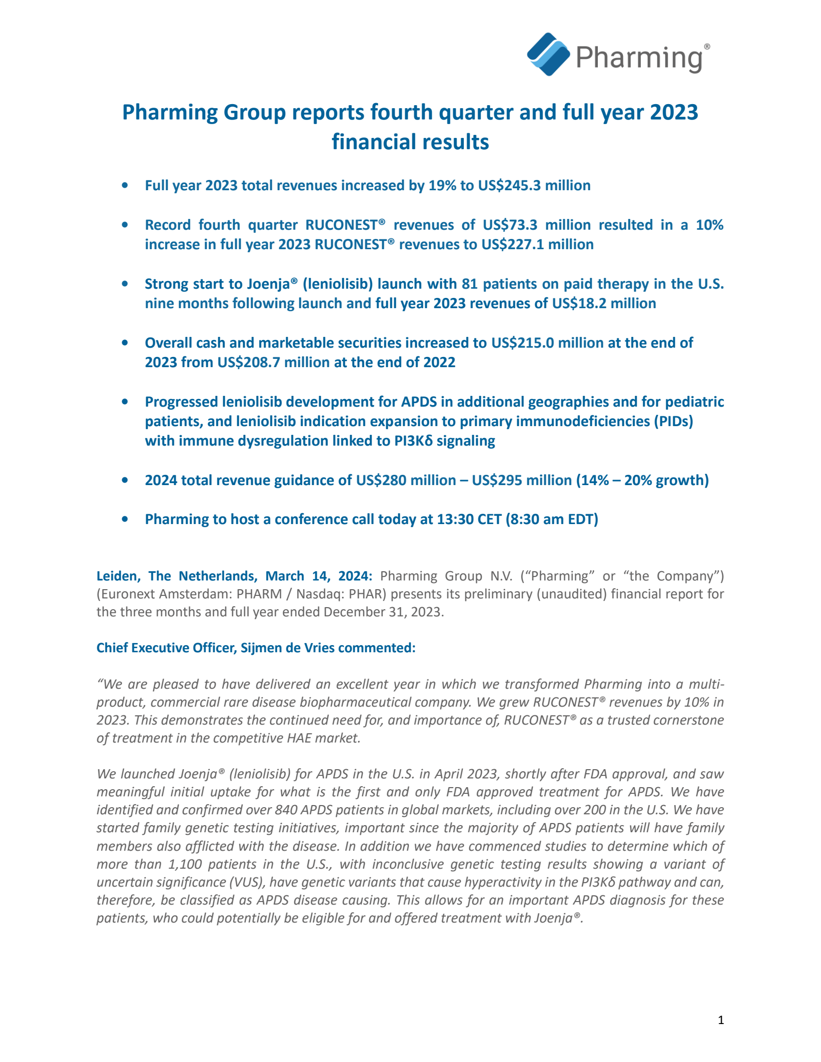 Pharming Group's H2 2023 Annual report