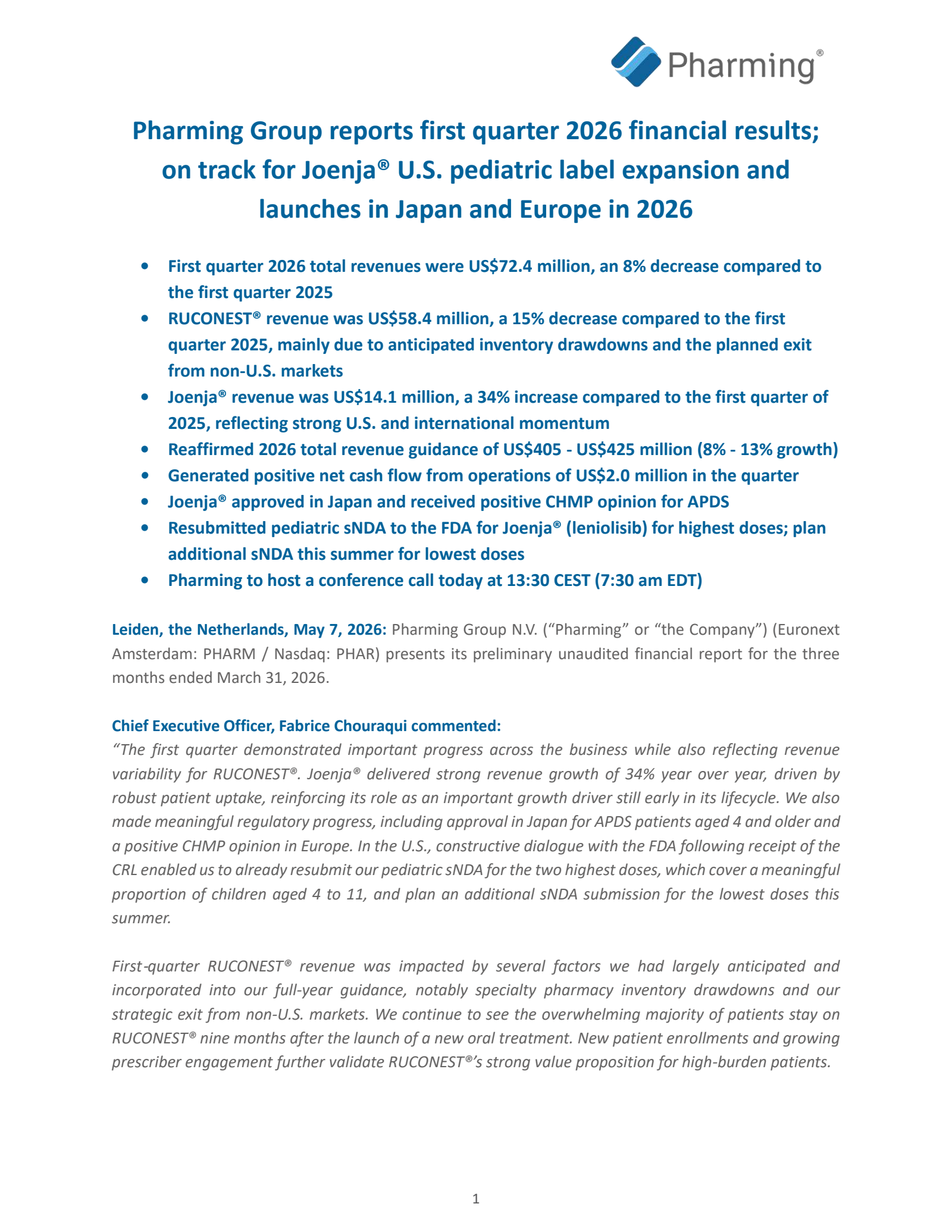 Pharming Group's Q1 2026 Press Release