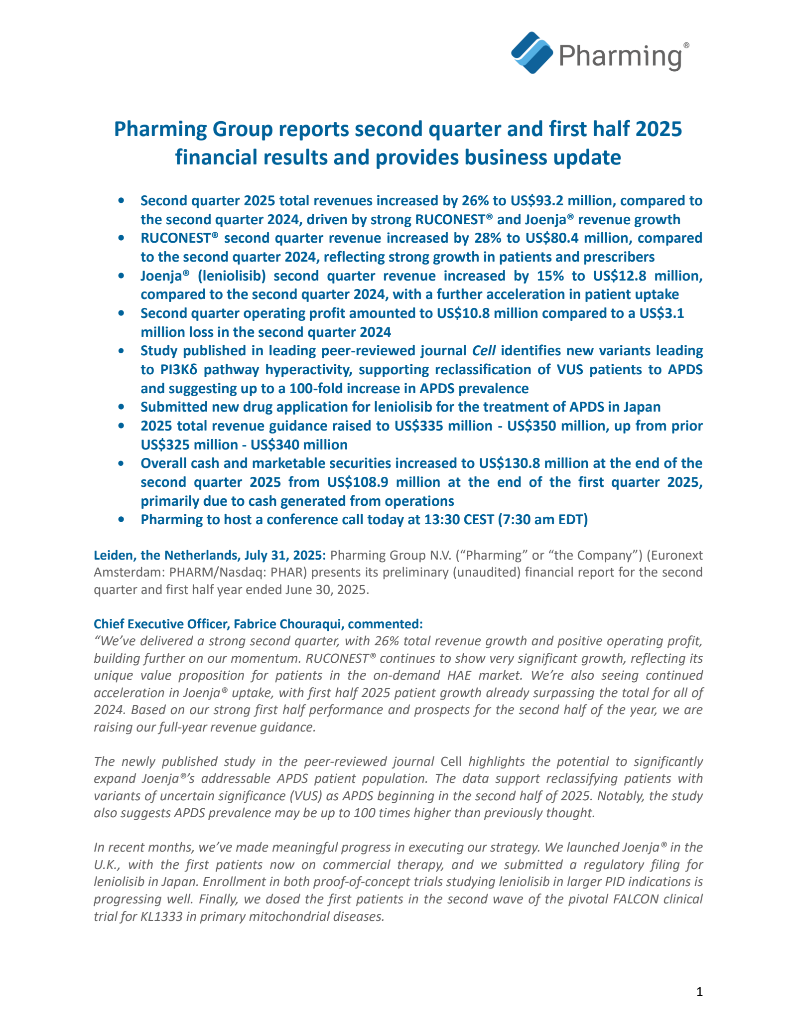 Pharming Group's Q2 2025 Interim report
