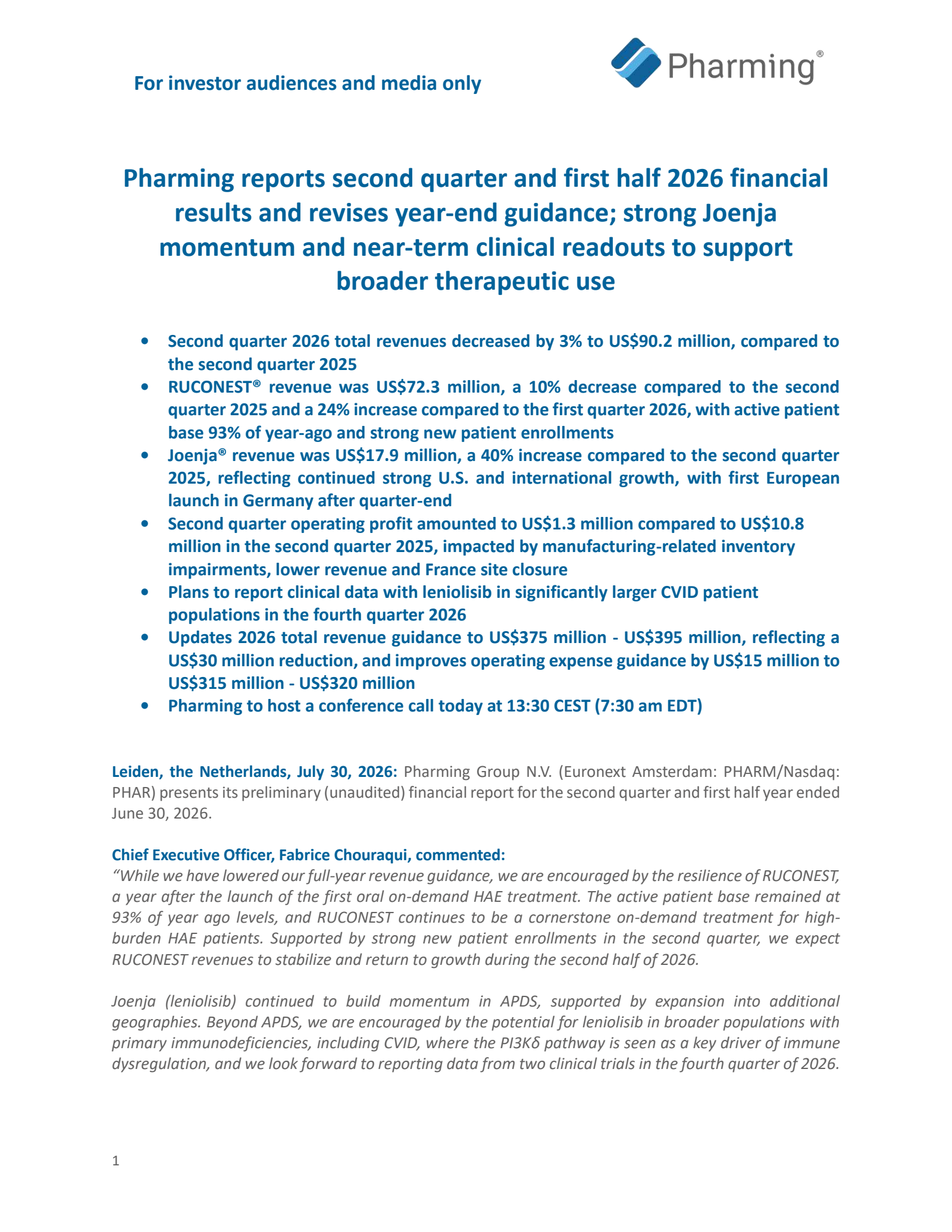 Pharming Group's Q2 2026 Press Release