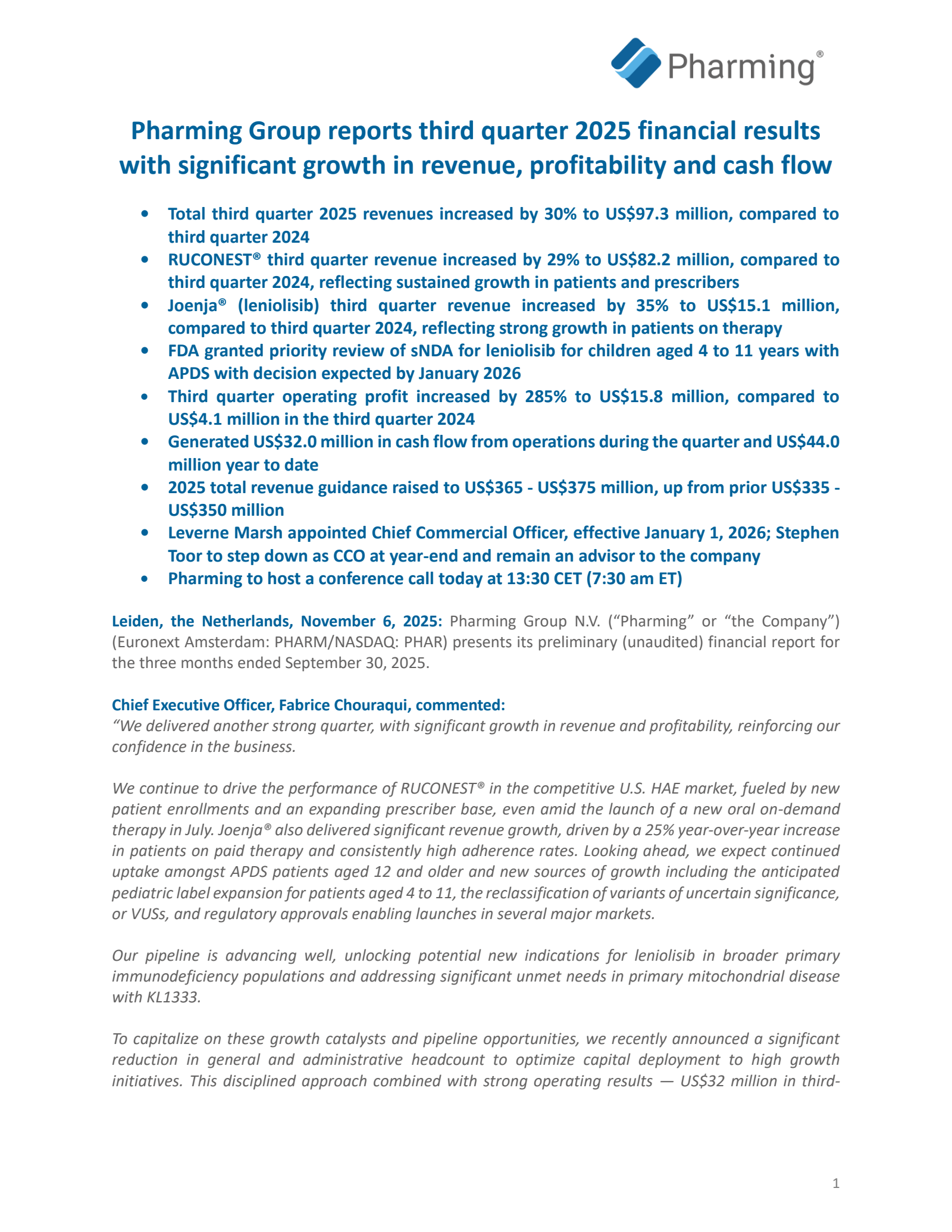 Pharming Group's Q3 2025 Interim Report