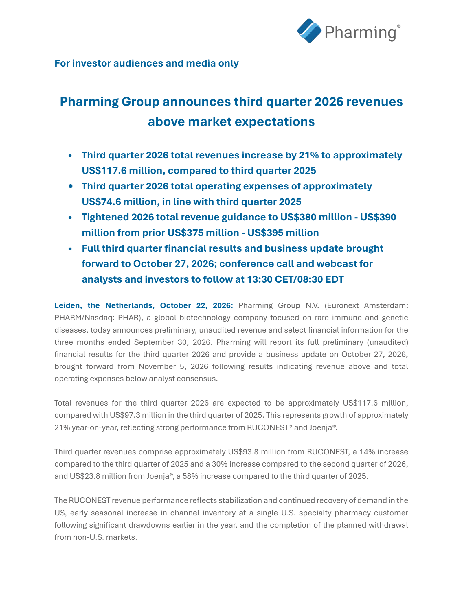 Pharming Group's Q3 2026 TU Press Release