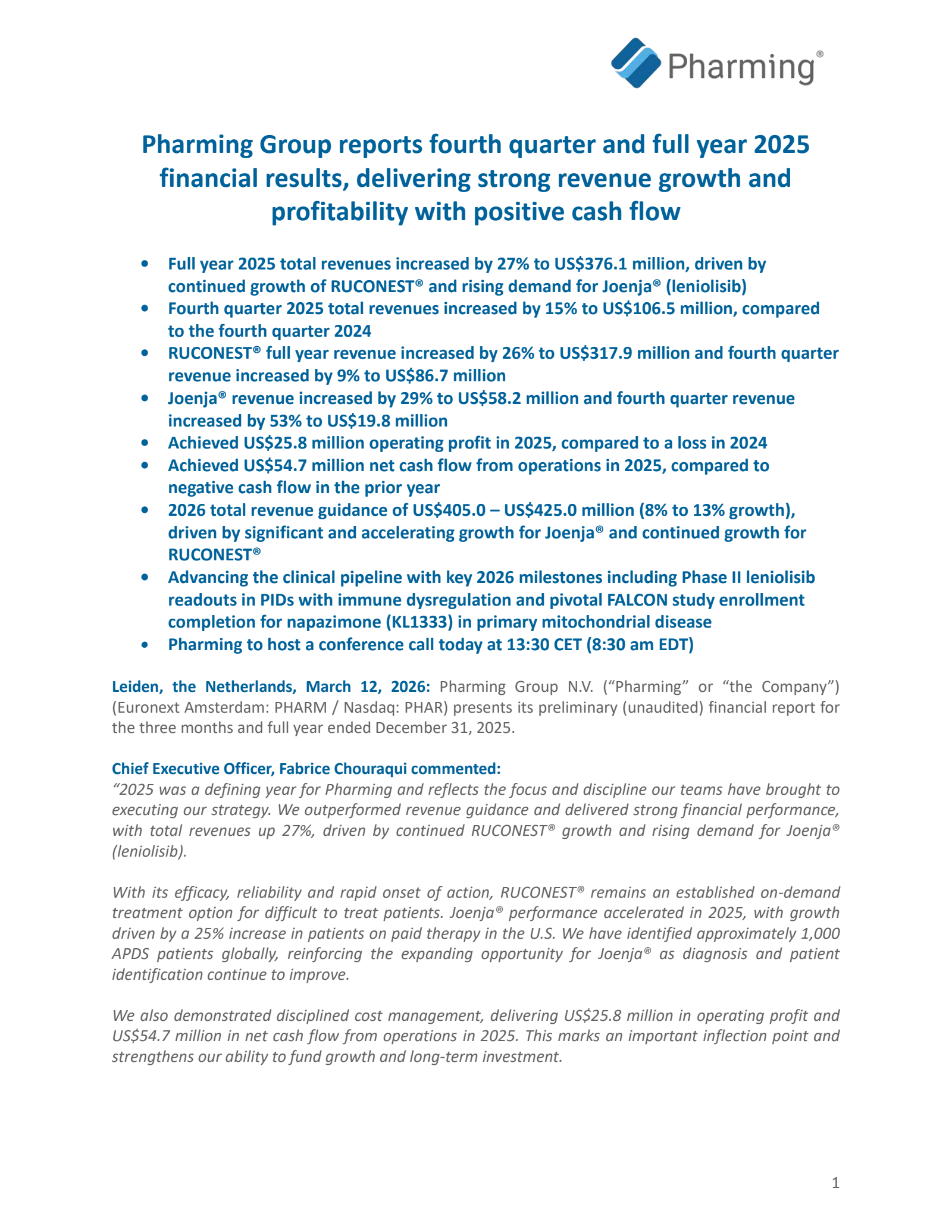 Pharming Group's Q4 2025 Press Release