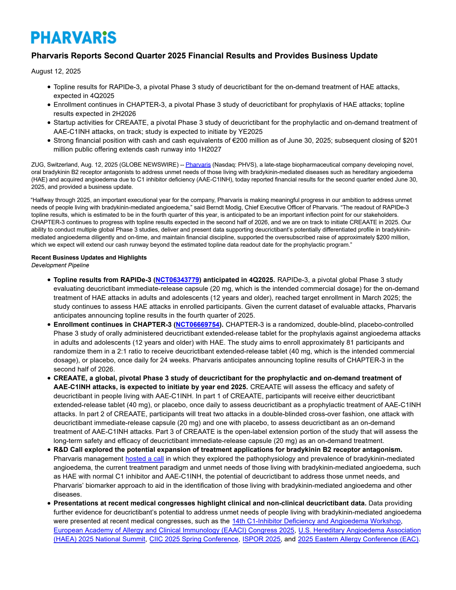 Pharvaris' Q2 2025 Press Release