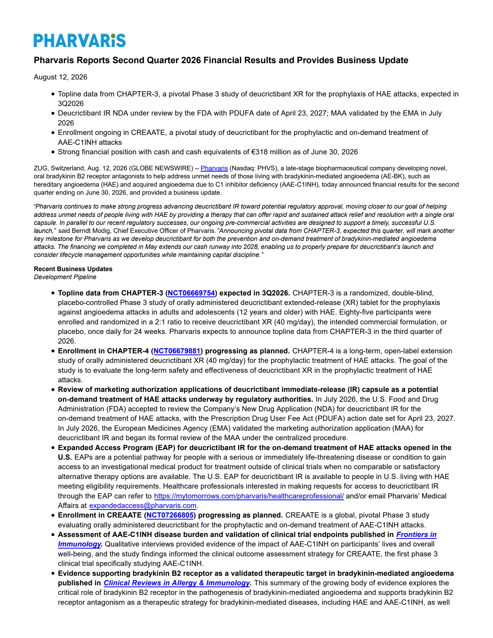 Pharvaris' Q2 2026 Press Release