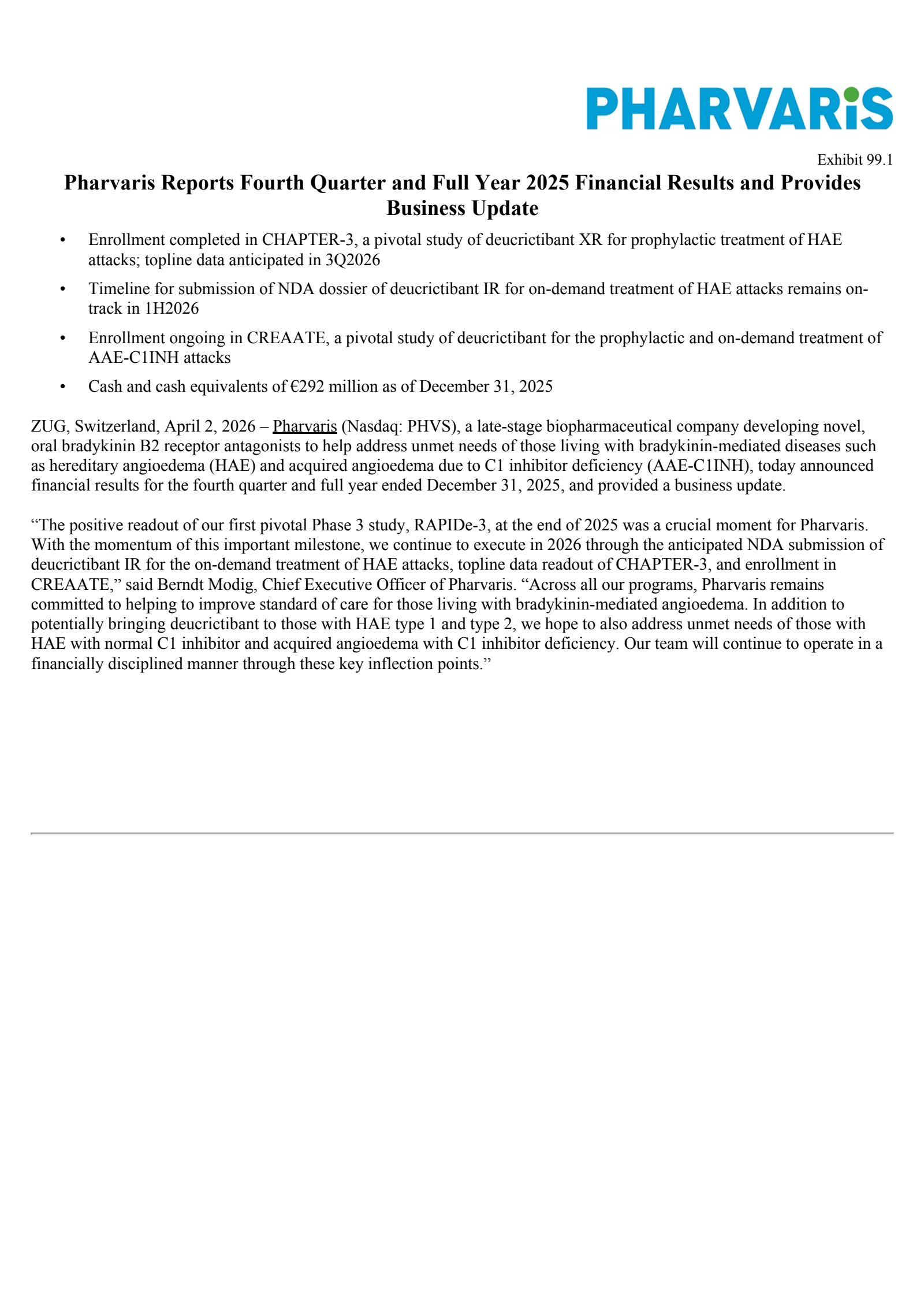Pharvaris' Q4 2025 Press Release