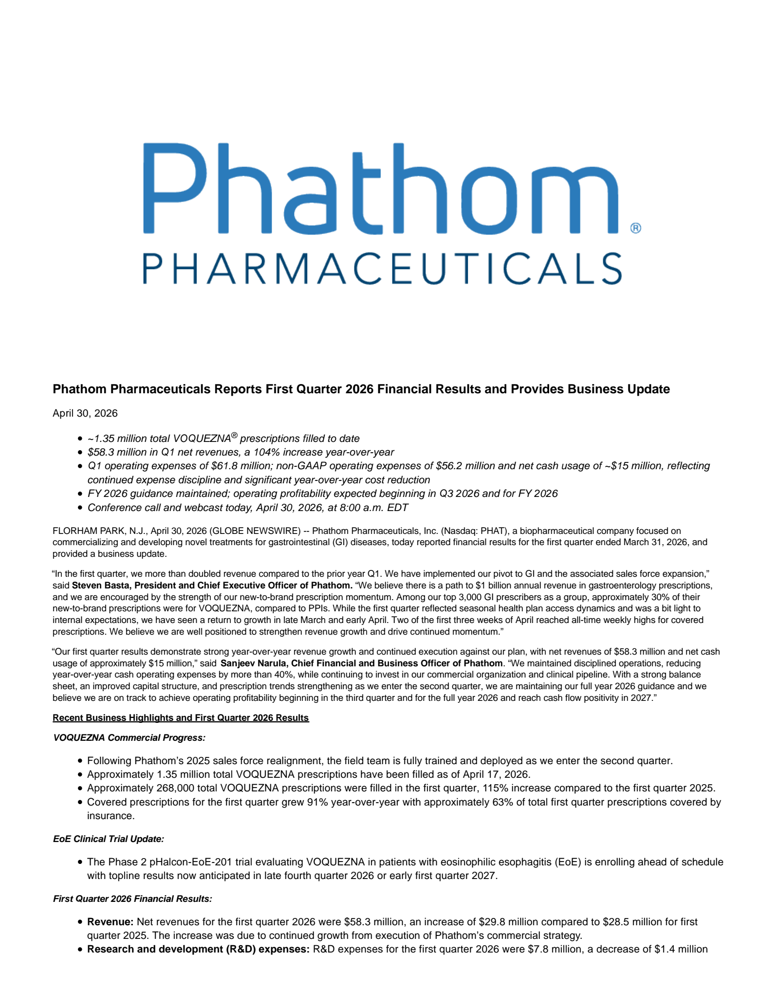 Phathom Pharmaceuticals' Q1 2026 Press Release