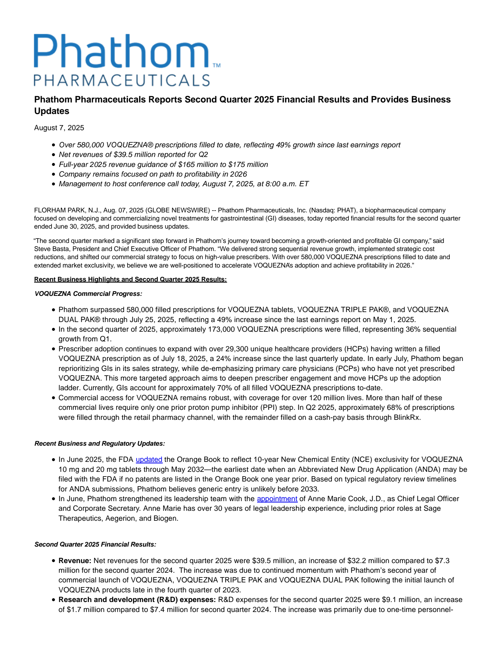 Phathom Pharmaceuticals' Q2 2025 Press Release
