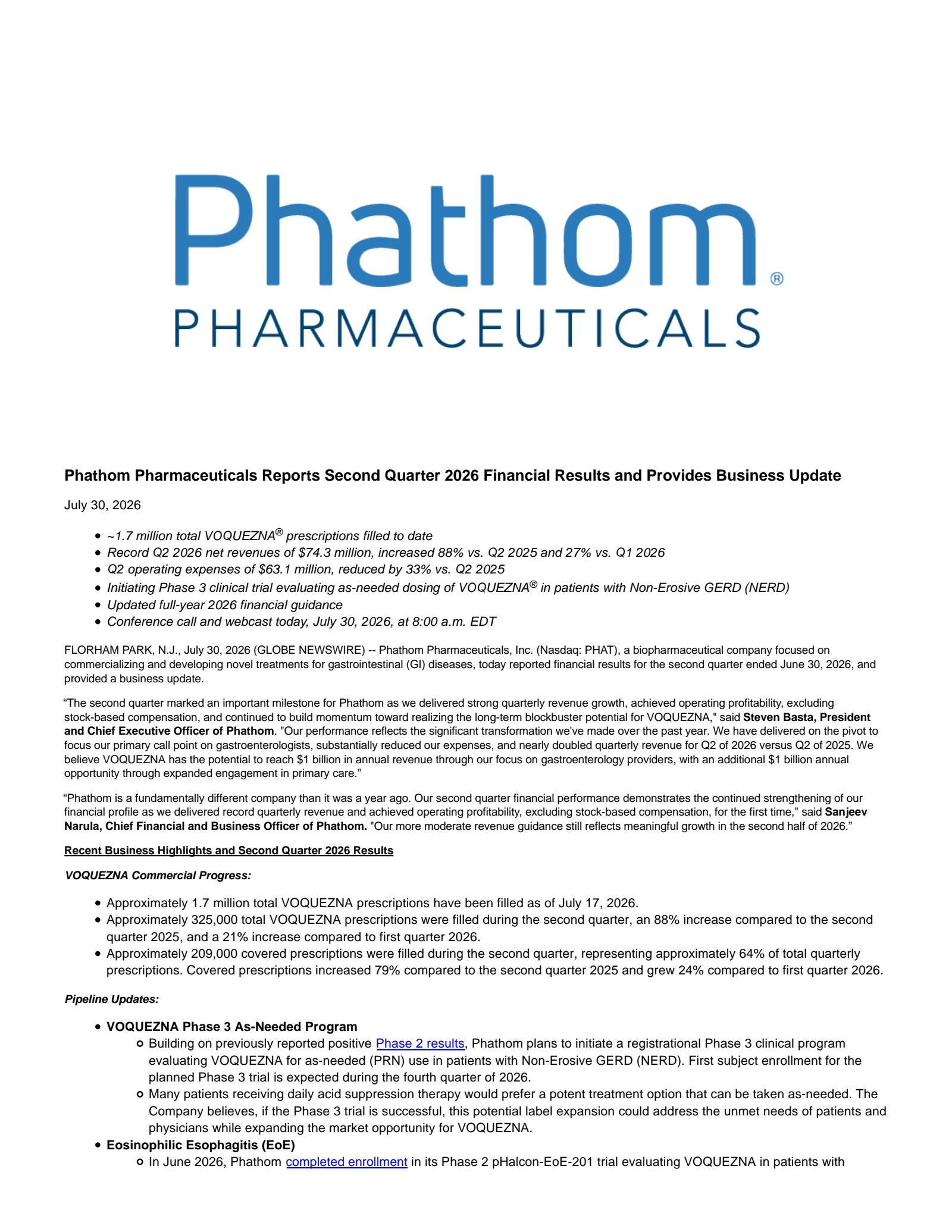Phathom Pharmaceuticals' Q2 2026 Press Release