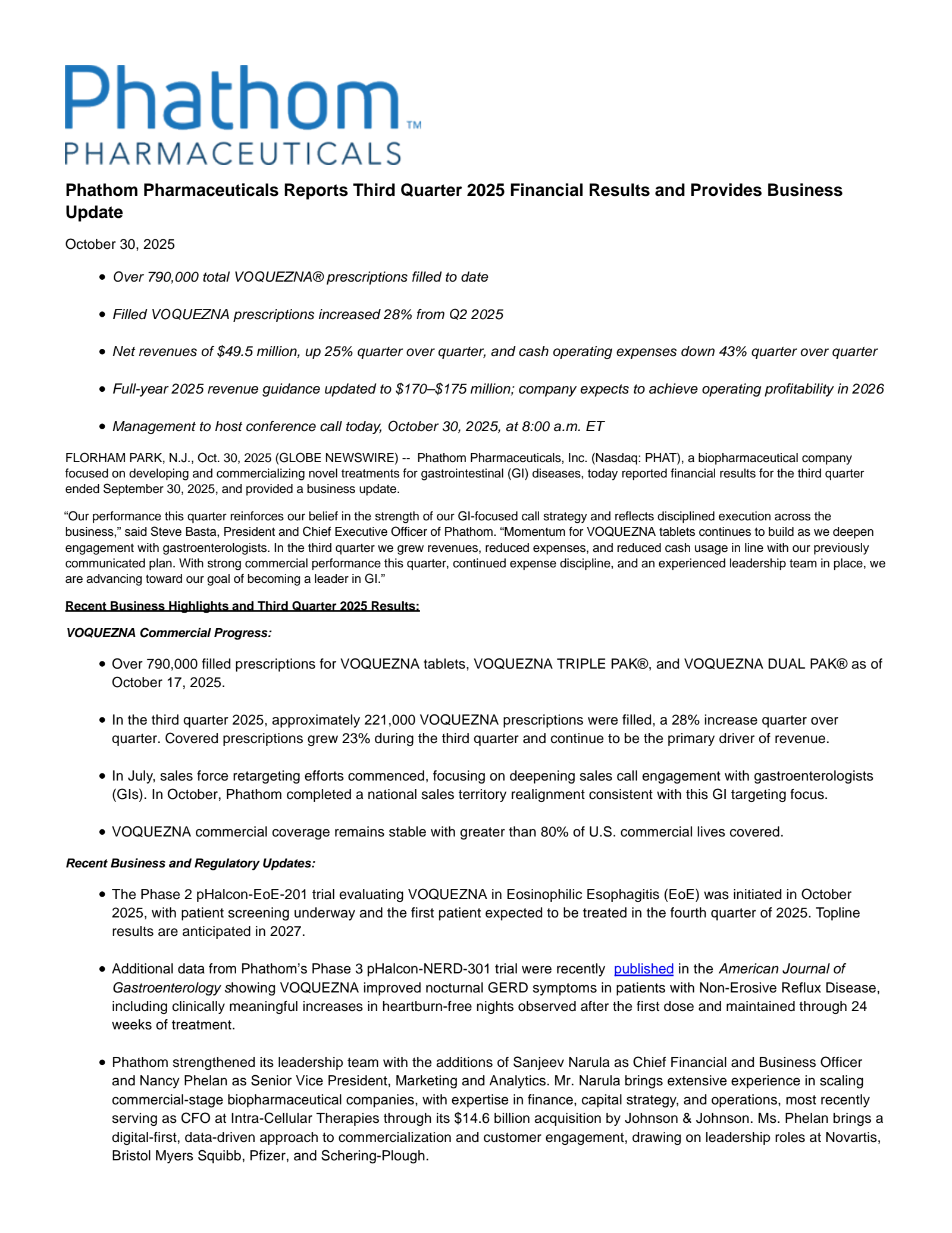 Phathom Pharmaceuticals' Q3 2025 Earnings Release