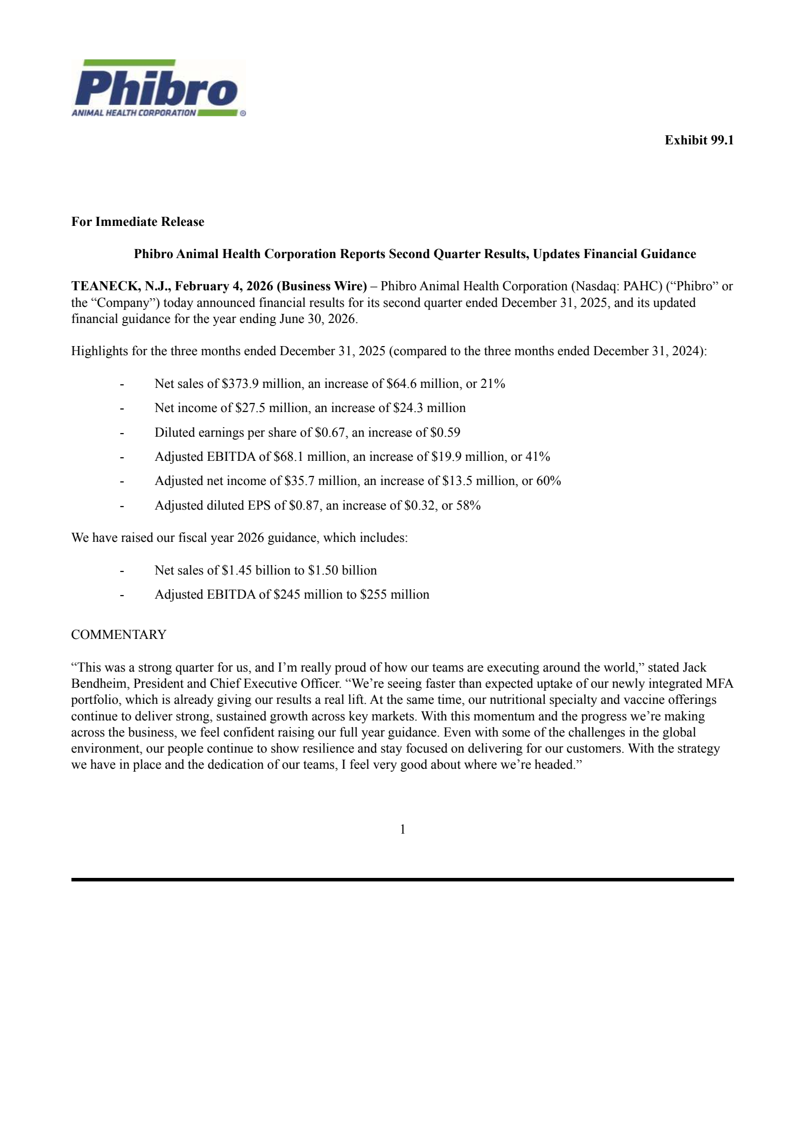 Phibro Animal Health's Q2 2026 Press Release