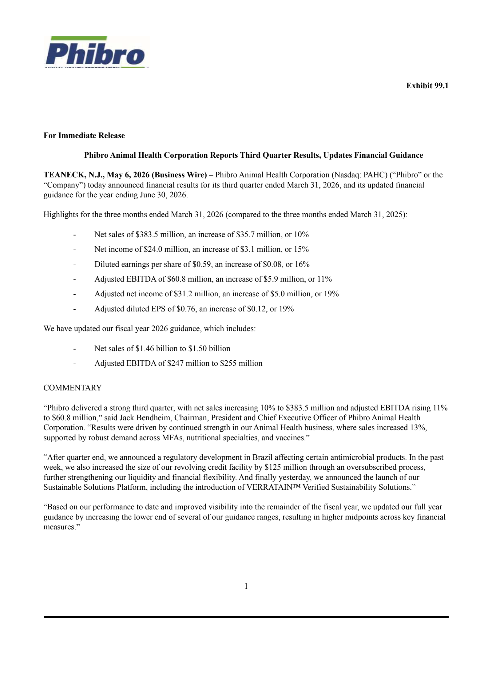 Phibro Animal Health's Q3 2026 Press Release
