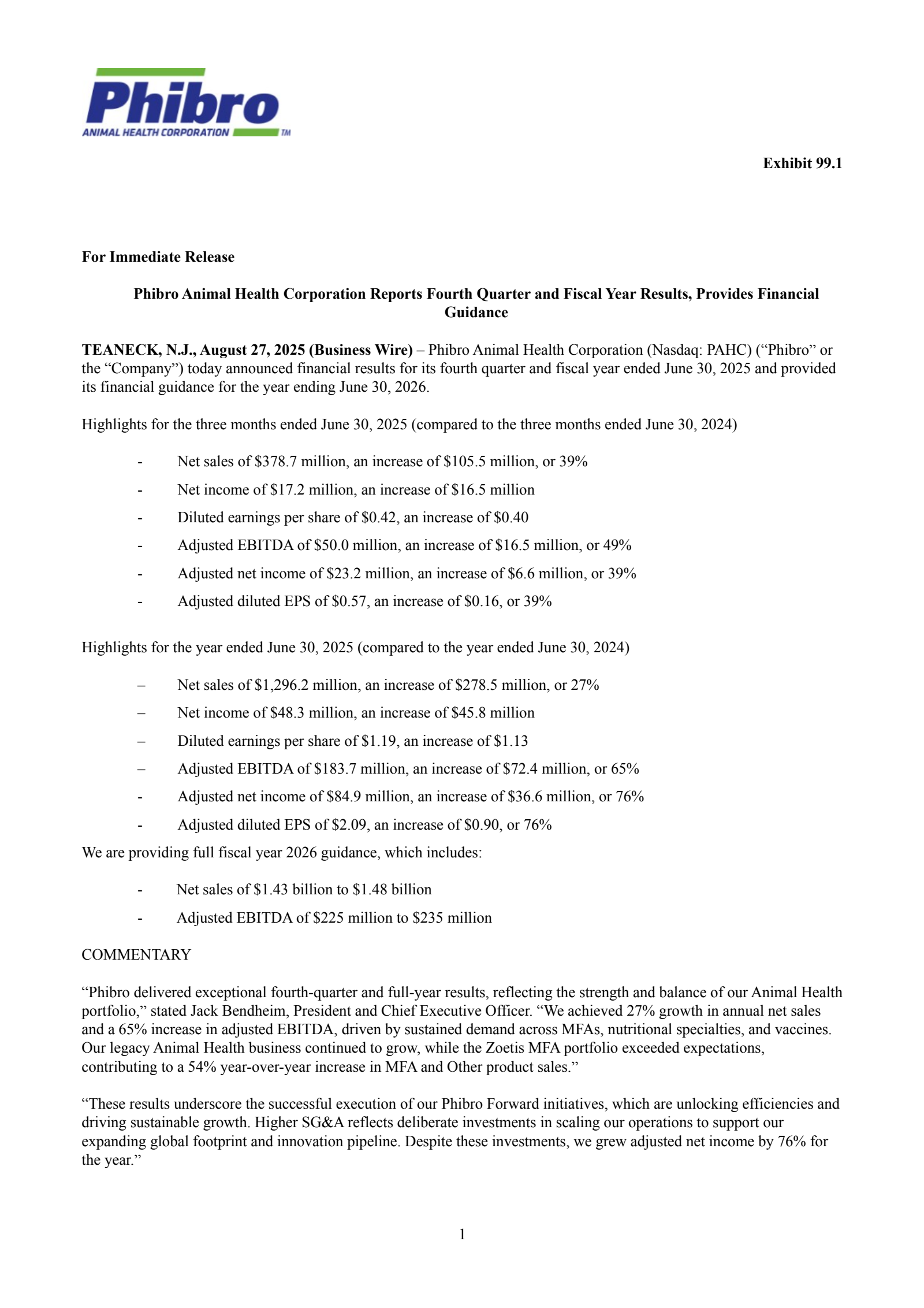 Phibro Animal Health's Q4 2025 Press Release