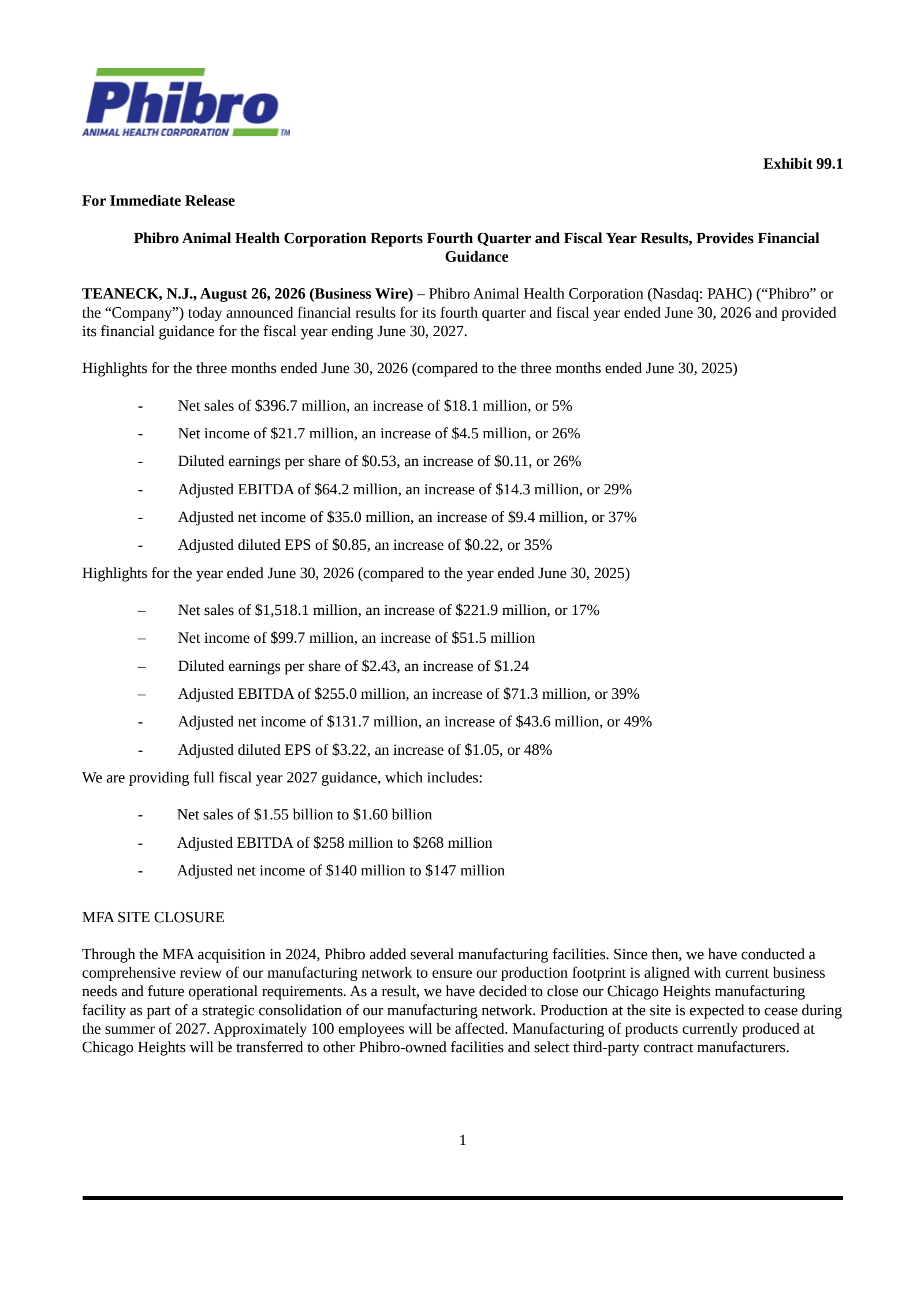 Phibro Animal Health's Q4 2026 Press Release