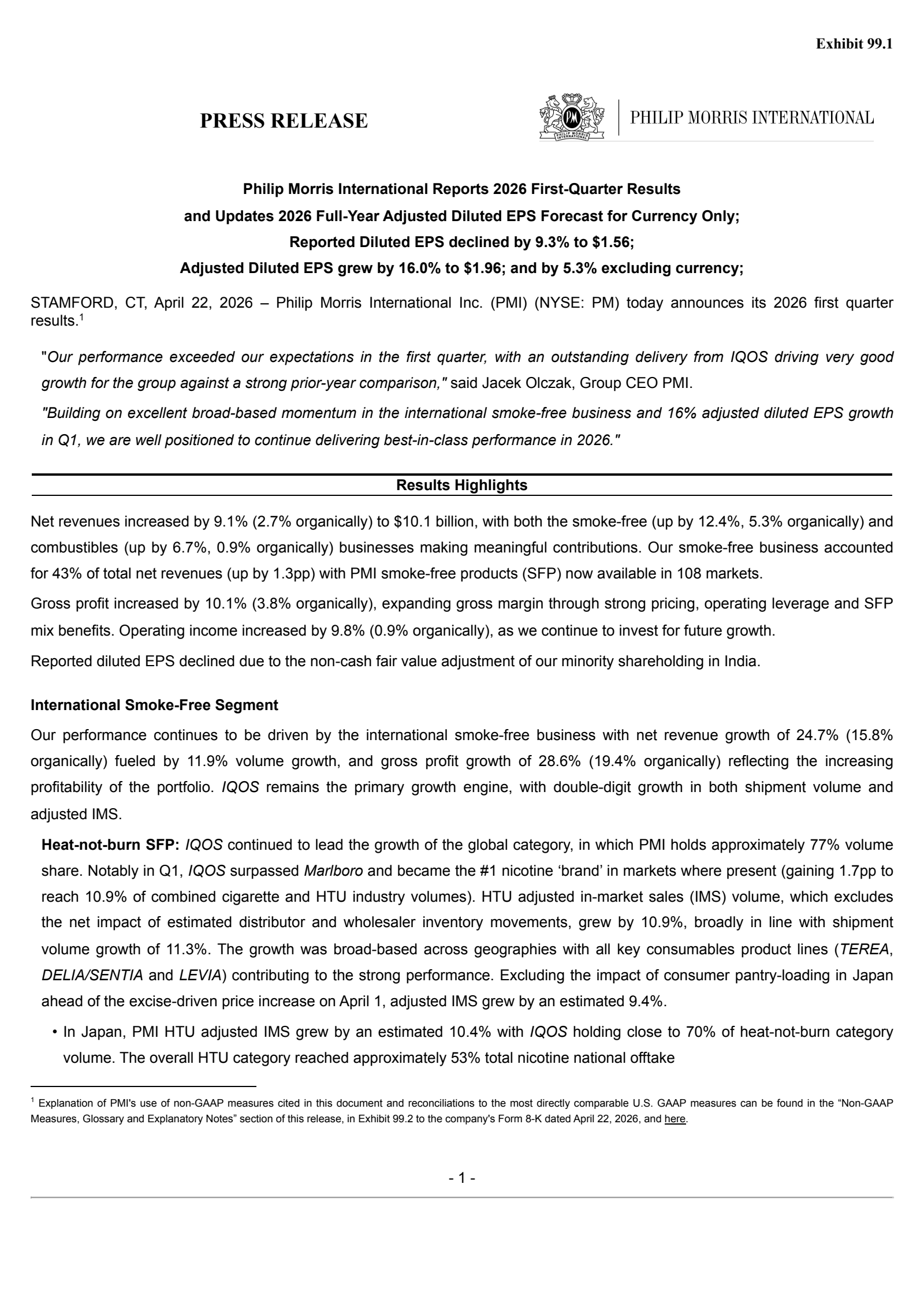 Philip Morris International's Q1 2026 Press Release
