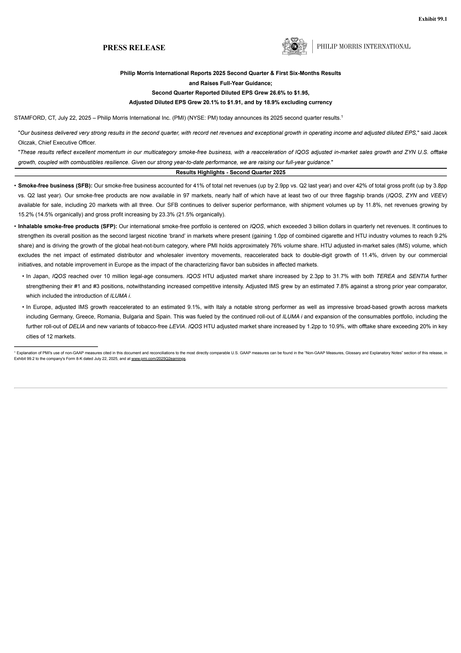 Philip Morris International's Q2 2025 Press Release