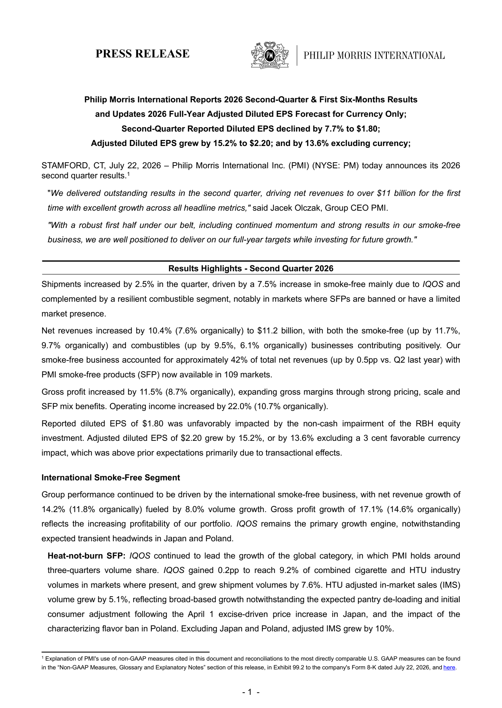 Philip Morris International's Q2 2026 Press Release