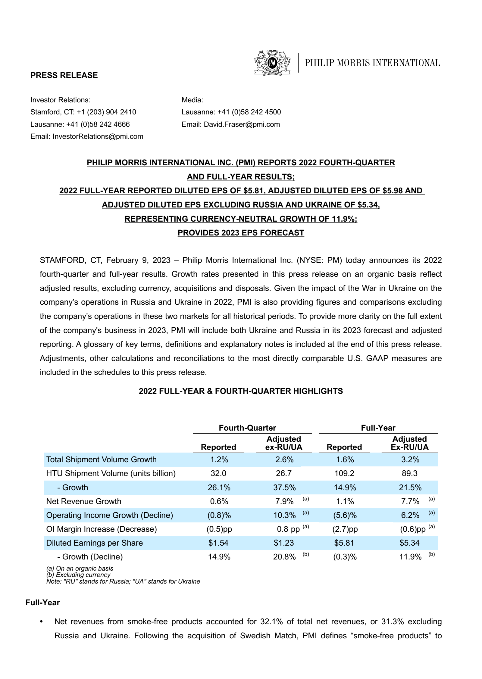 Philip Morris International's Q4 2022 Press Release