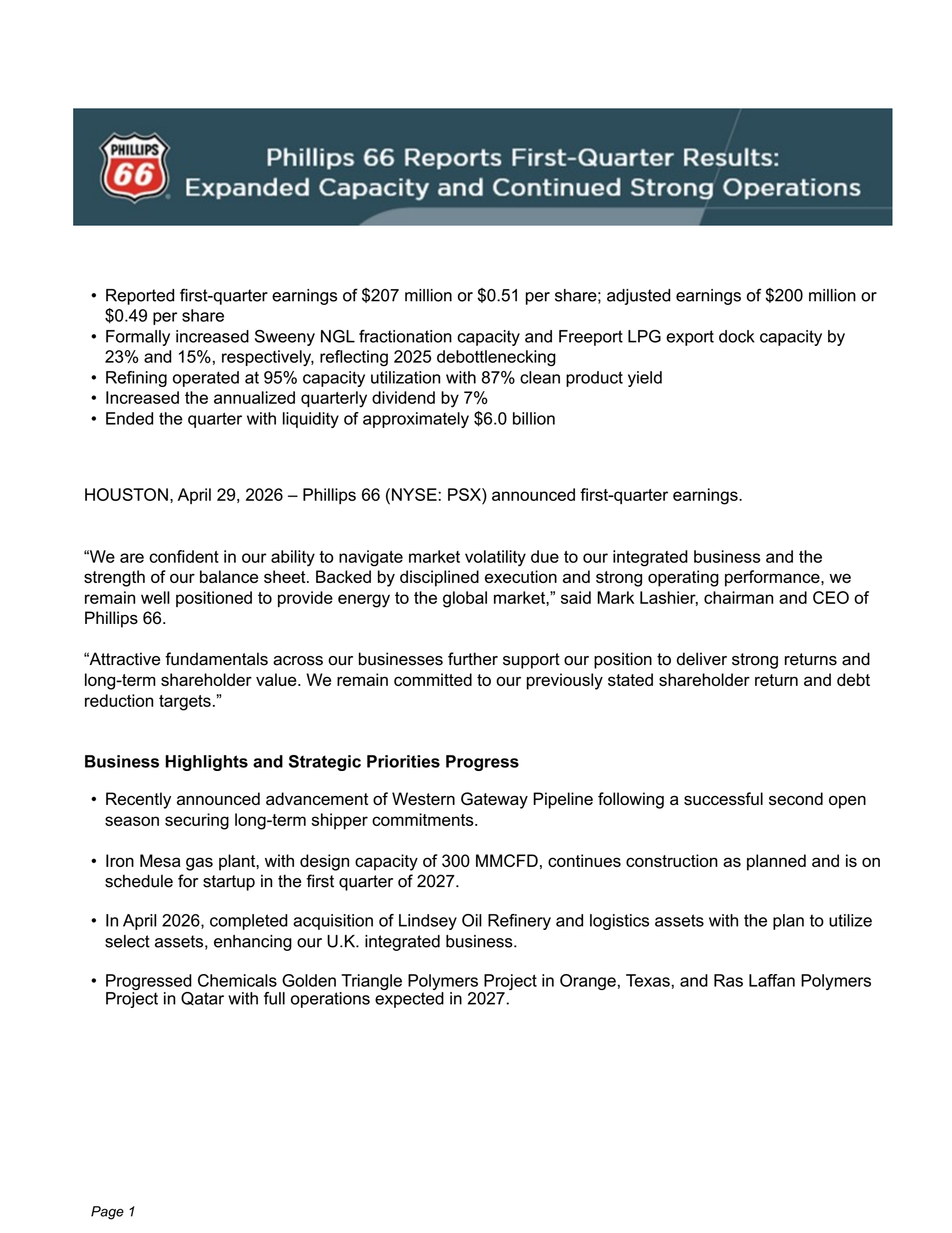 Phillips 66's Q1 2026 Press Release