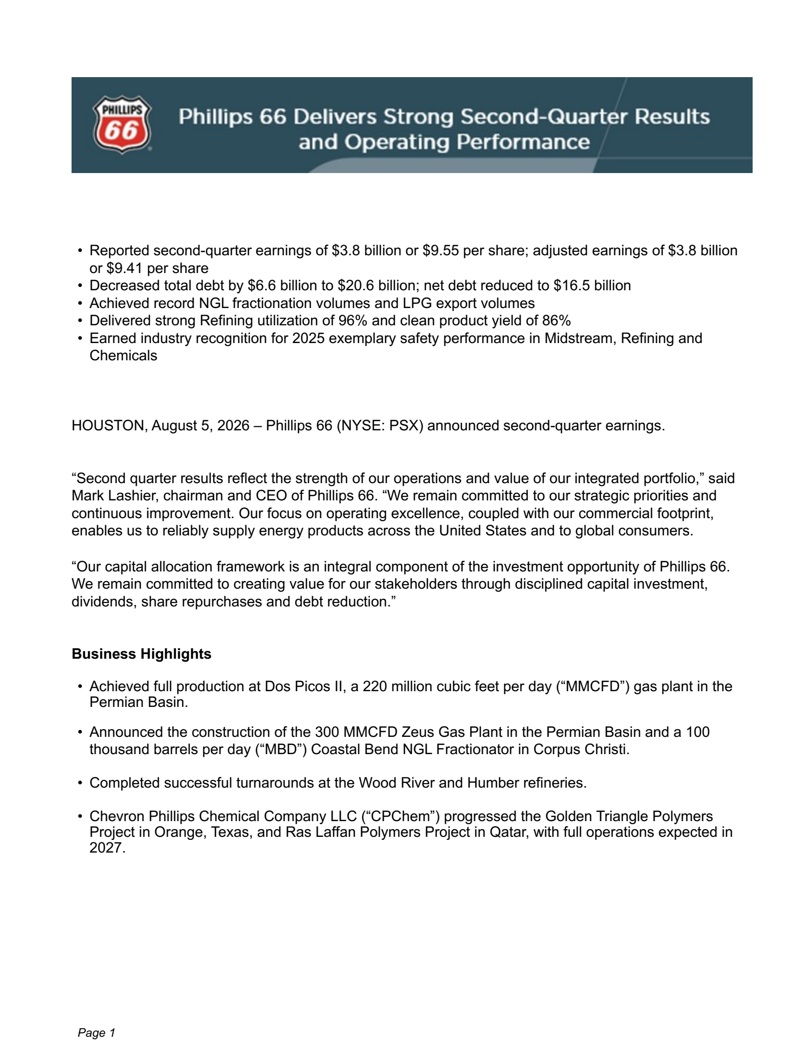 Phillips 66's Q2 2026 Press Release