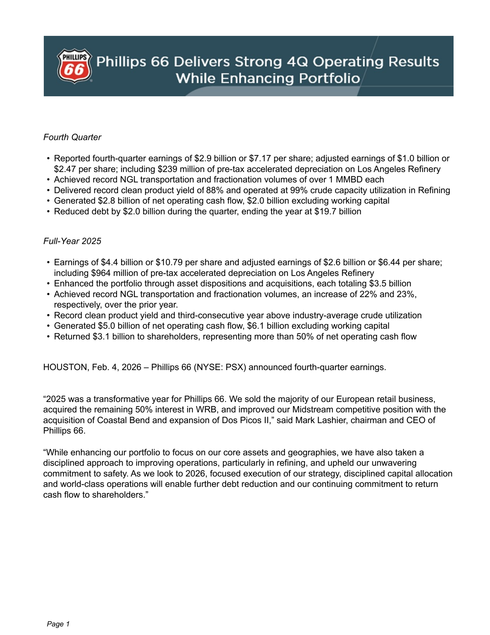 Phillips 66's Q4 2025 Press Release
