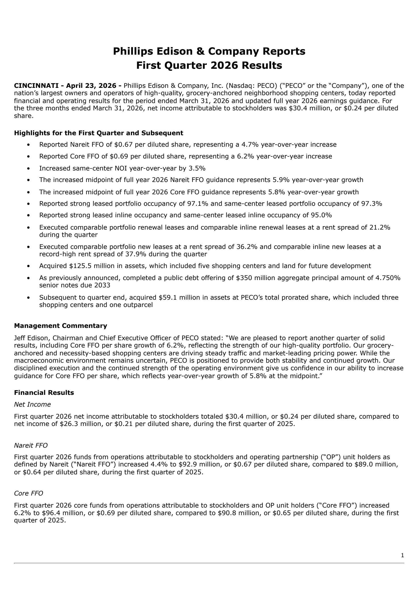 Phillips Edison & Company, Inc.'s Q1 2026 Press Release