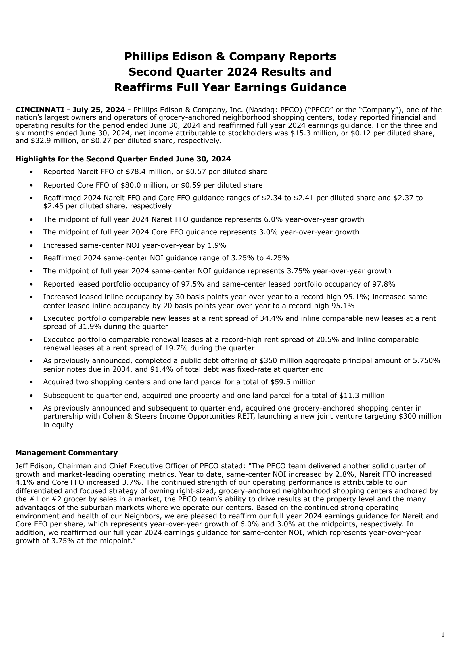 Phillips Edison & Company, Inc.'s Q2 2024 Press Release