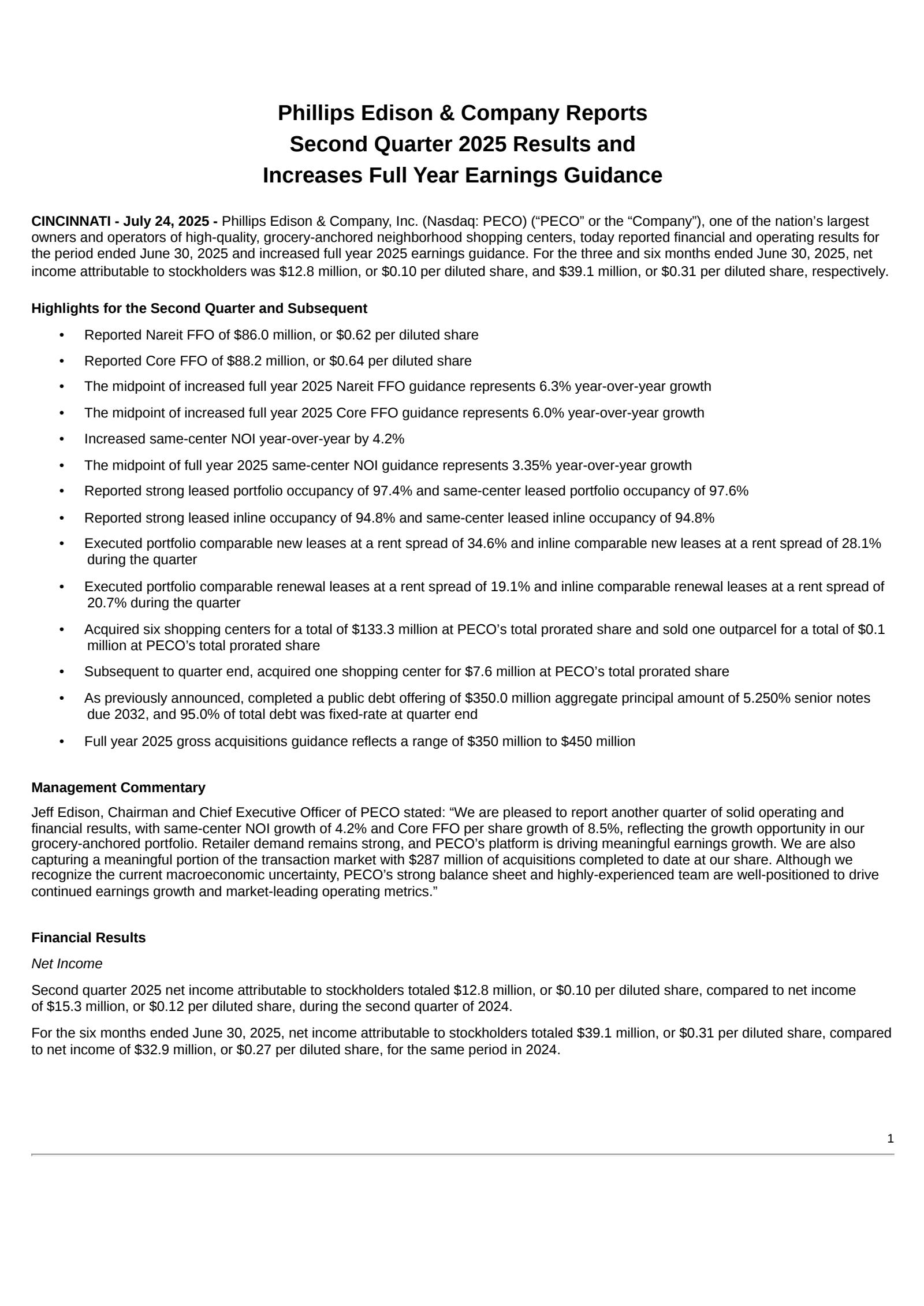 Phillips Edison & Company, Inc.'s Q2 2025 Press Release