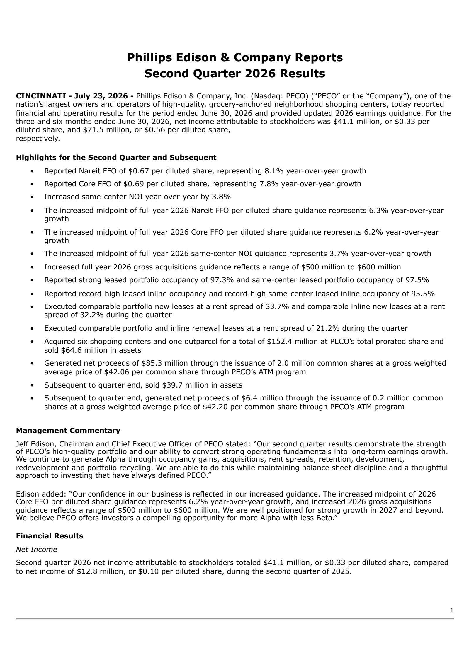 Phillips Edison & Company, Inc.'s Q2 2026 Press Release