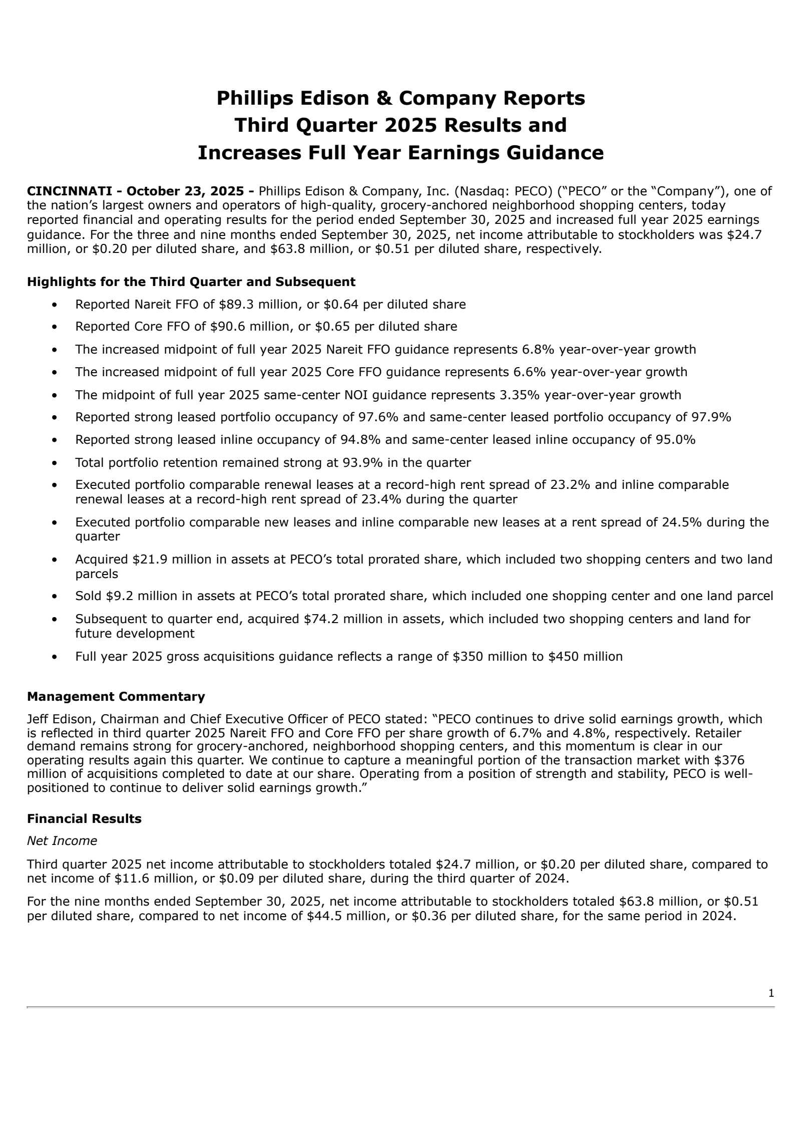 Phillips Edison & Company, Inc.'s Q3 2025 Earnings Release