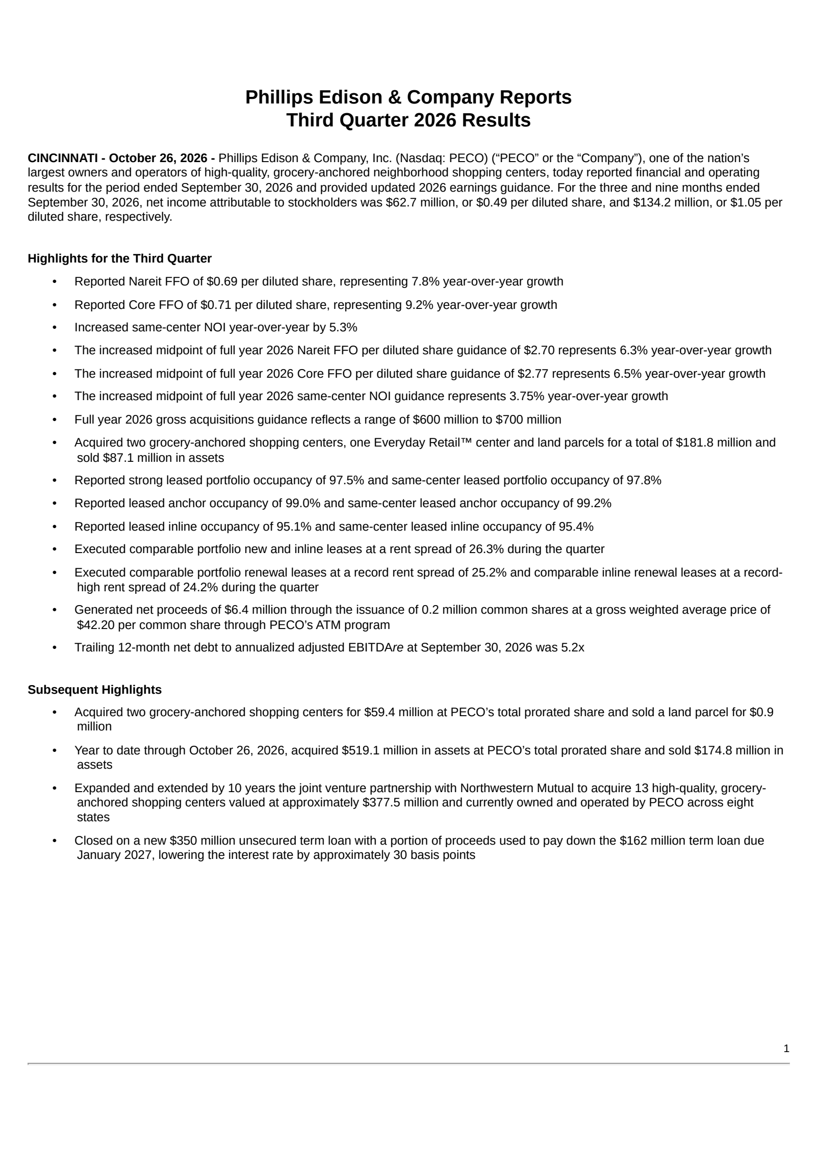 Phillips Edison & Company, Inc. (PECO) Q3 2026 Earnings Results & Report