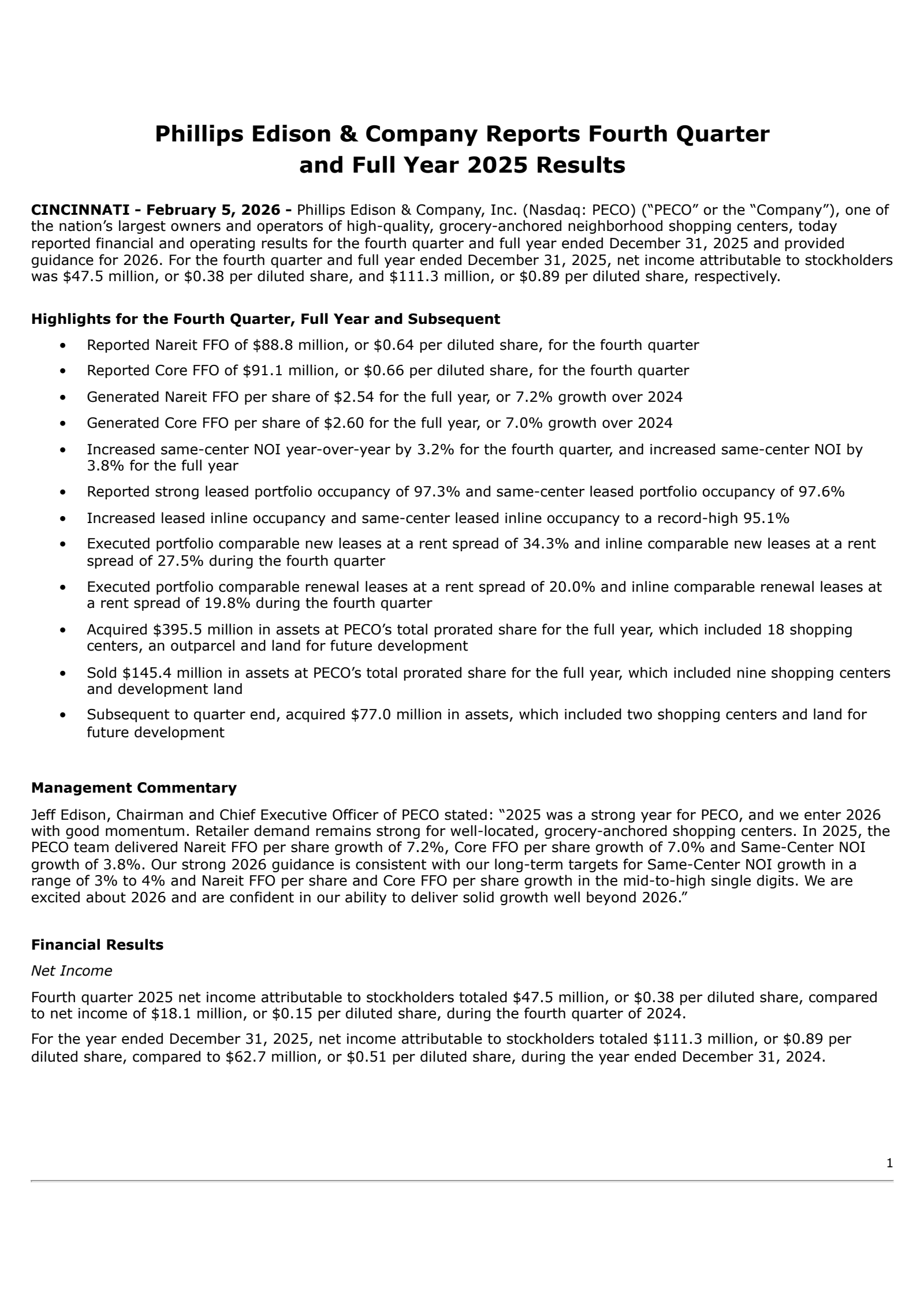 Phillips Edison & Company, Inc.'s Q4 2025 Press Release